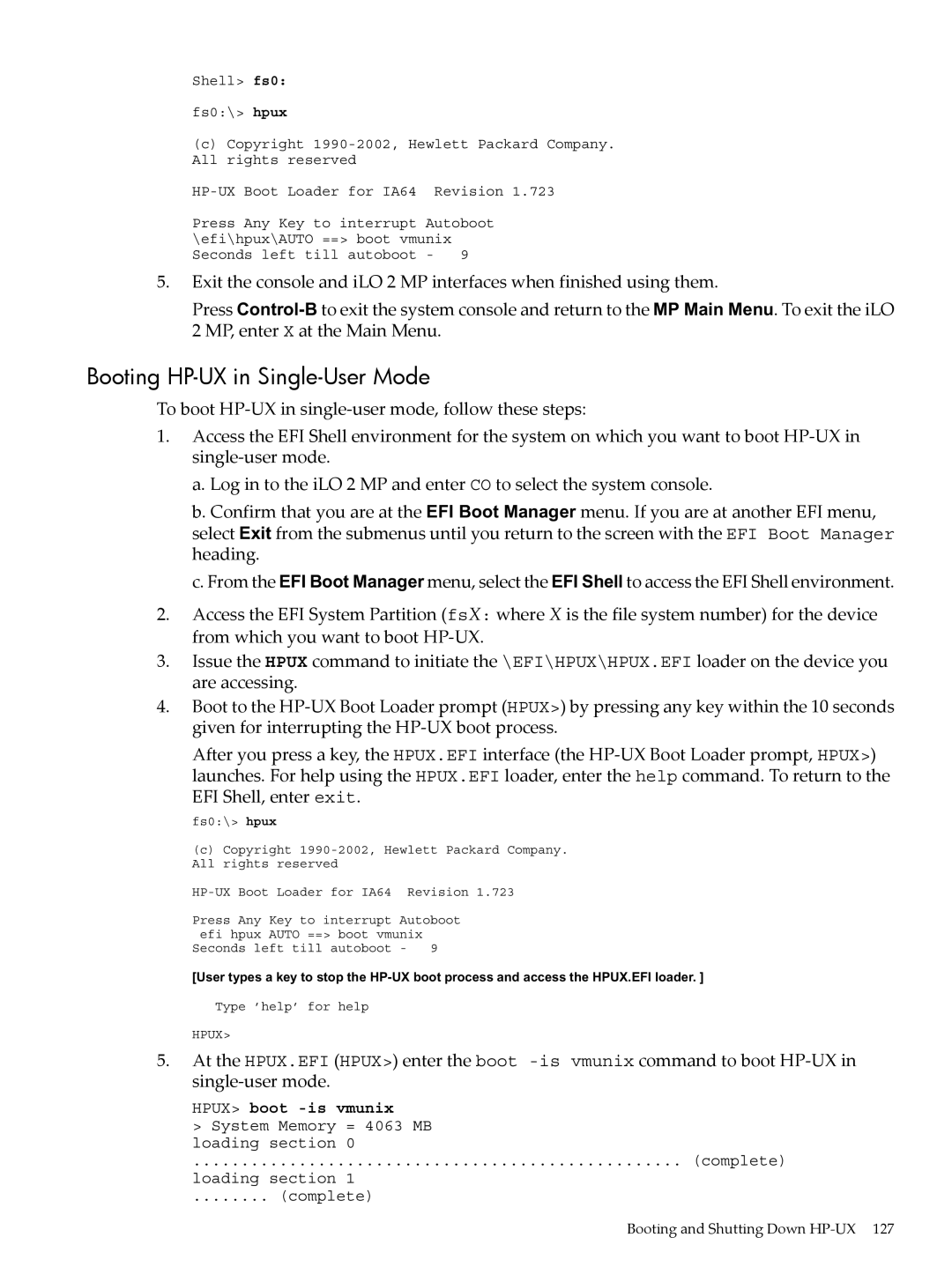 HP INTEGRITY RX3600 manual Booting HP-UX in Single-User Mode, Hpux boot -is vmunix 