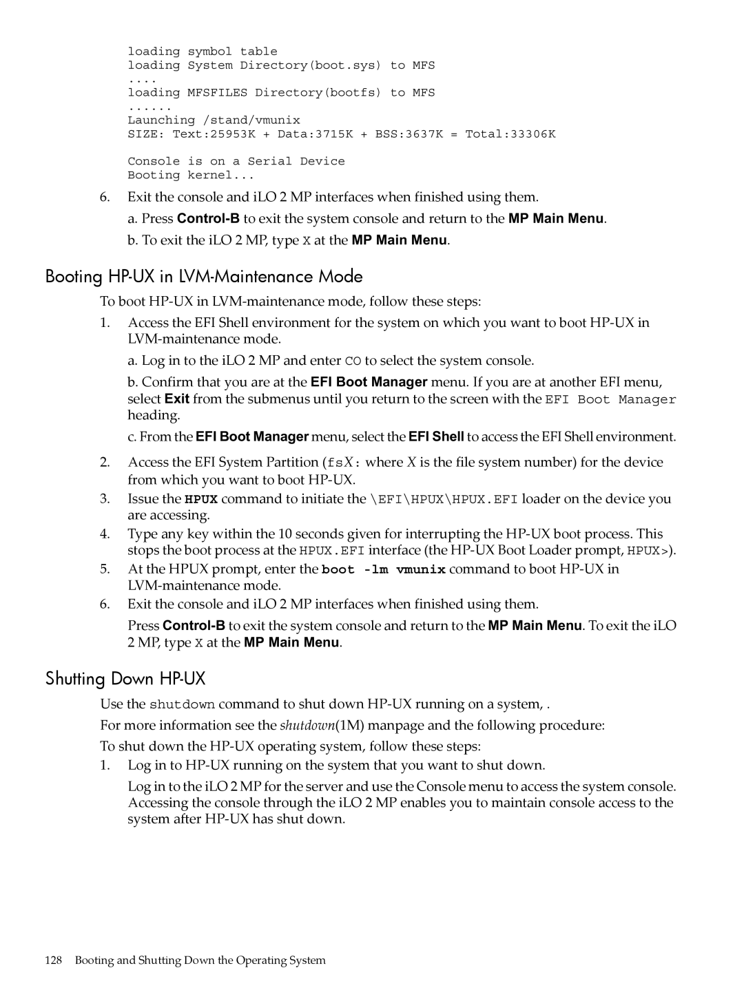 HP INTEGRITY RX3600 manual Booting HP-UX in LVM-Maintenance Mode, Shutting Down HP-UX 