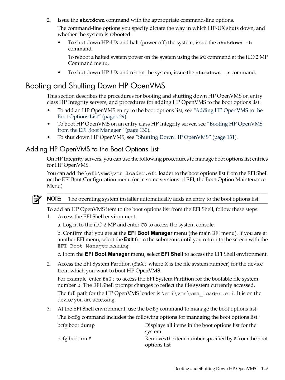 HP INTEGRITY RX3600 manual Booting and Shutting Down HP OpenVMS, Adding HP OpenVMS to the Boot Options List 