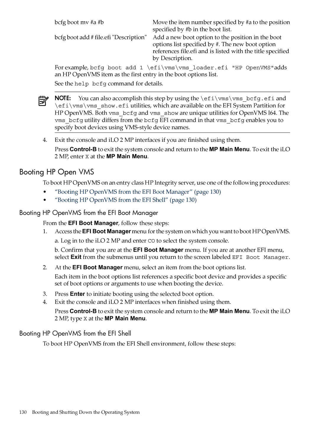 HP INTEGRITY RX3600 manual Booting HP Open VMS, Booting HP OpenVMS from the EFI Boot Manager 