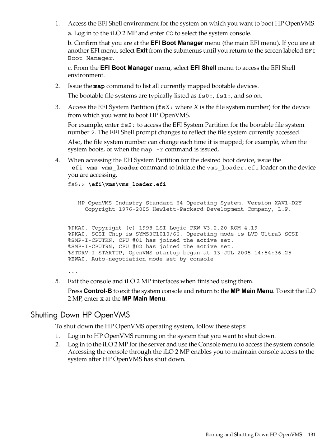 HP INTEGRITY RX3600 manual Shutting Down HP OpenVMS, Fs5 \efi\vms\vmsloader.efi 