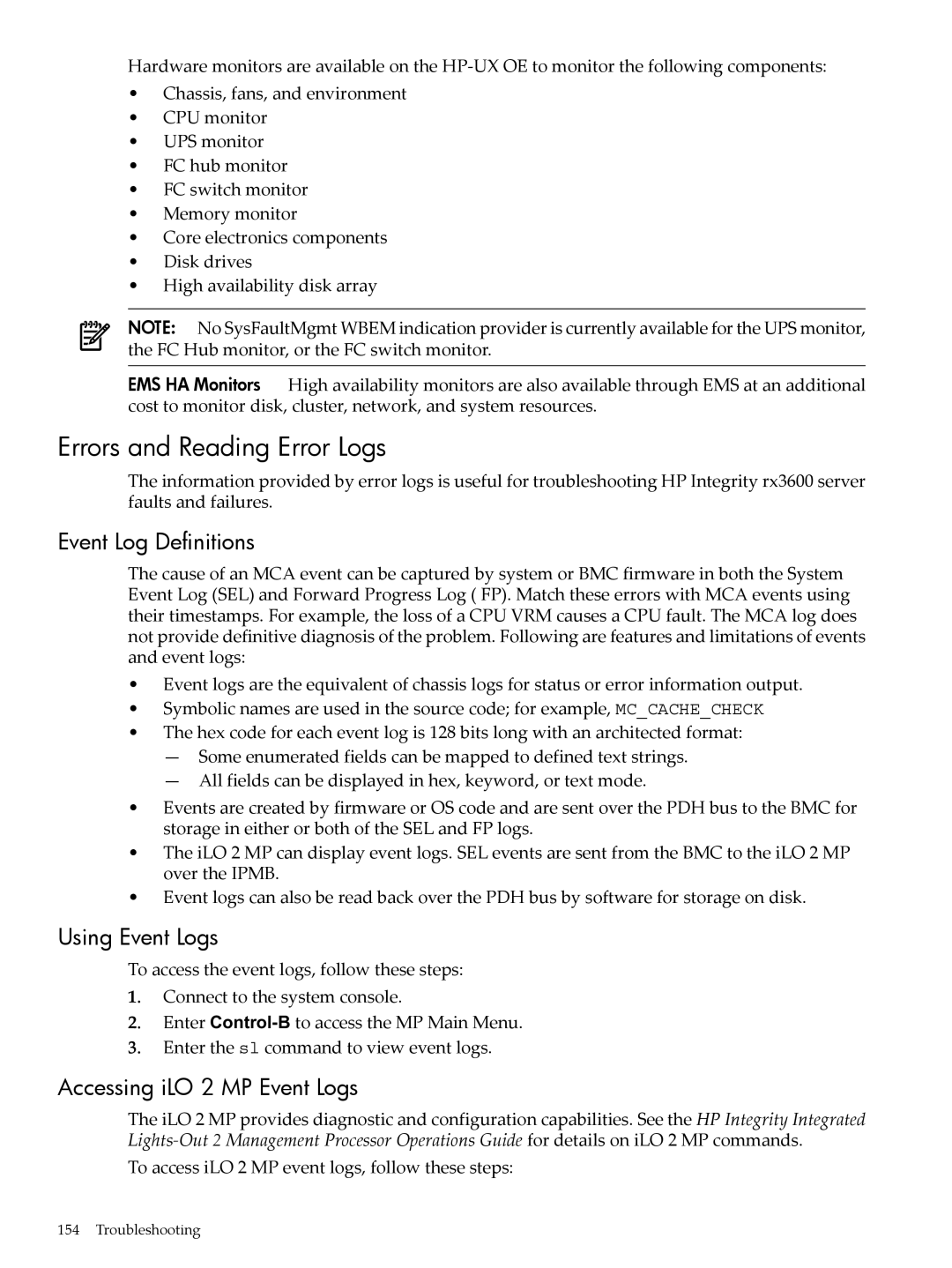 HP INTEGRITY RX3600 Errors and Reading Error Logs, Event Log Definitions, Using Event Logs, Accessing iLO 2 MP Event Logs 