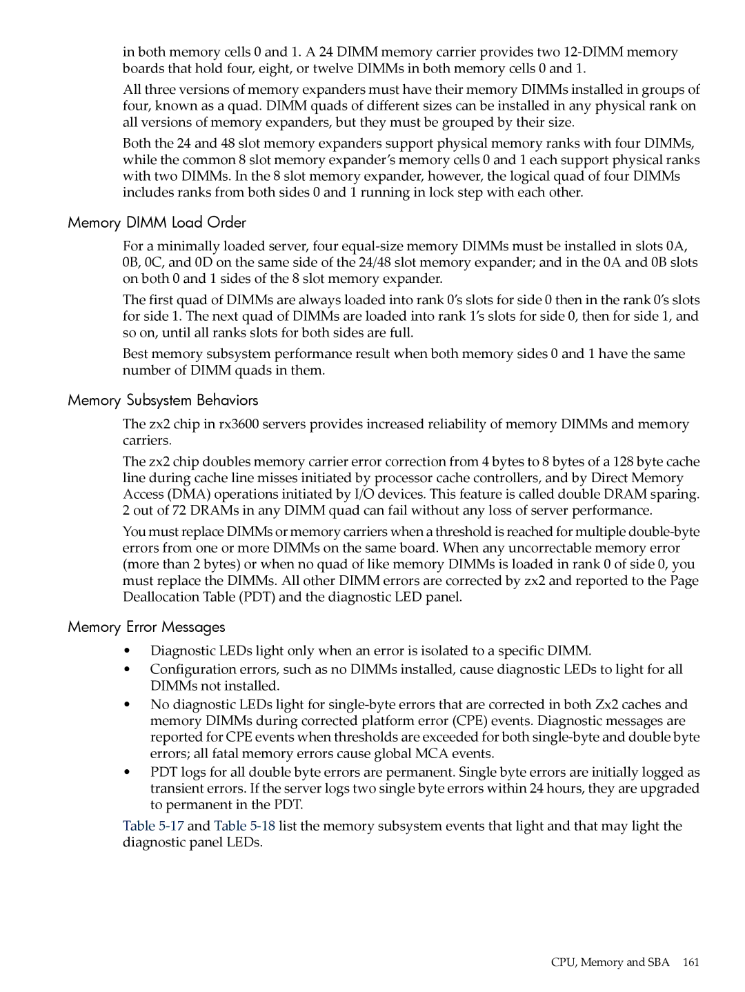 HP INTEGRITY RX3600 manual Memory Dimm Load Order, Memory Subsystem Behaviors, Memory Error Messages 