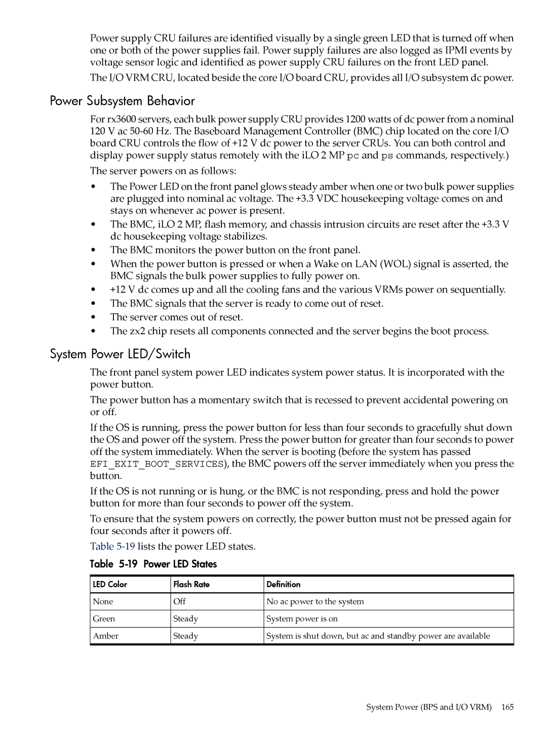 HP INTEGRITY RX3600 manual Power Subsystem Behavior, System Power LED/Switch, Power LED States 