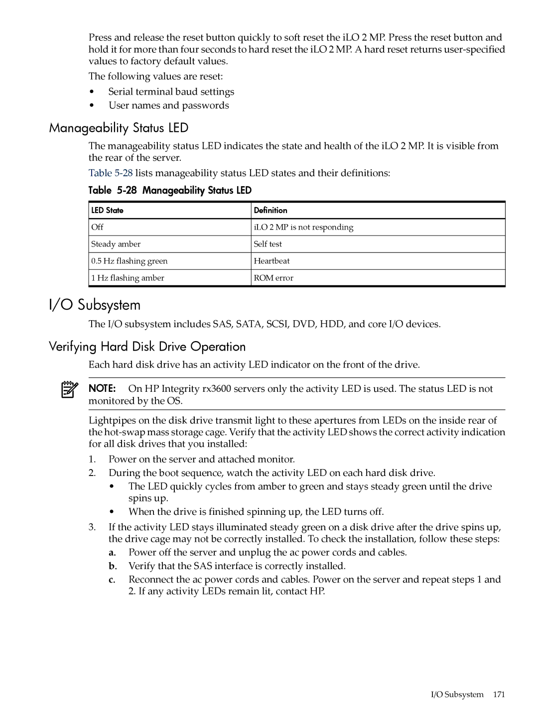 HP INTEGRITY RX3600 manual Subsystem, Manageability Status LED, Verifying Hard Disk Drive Operation 