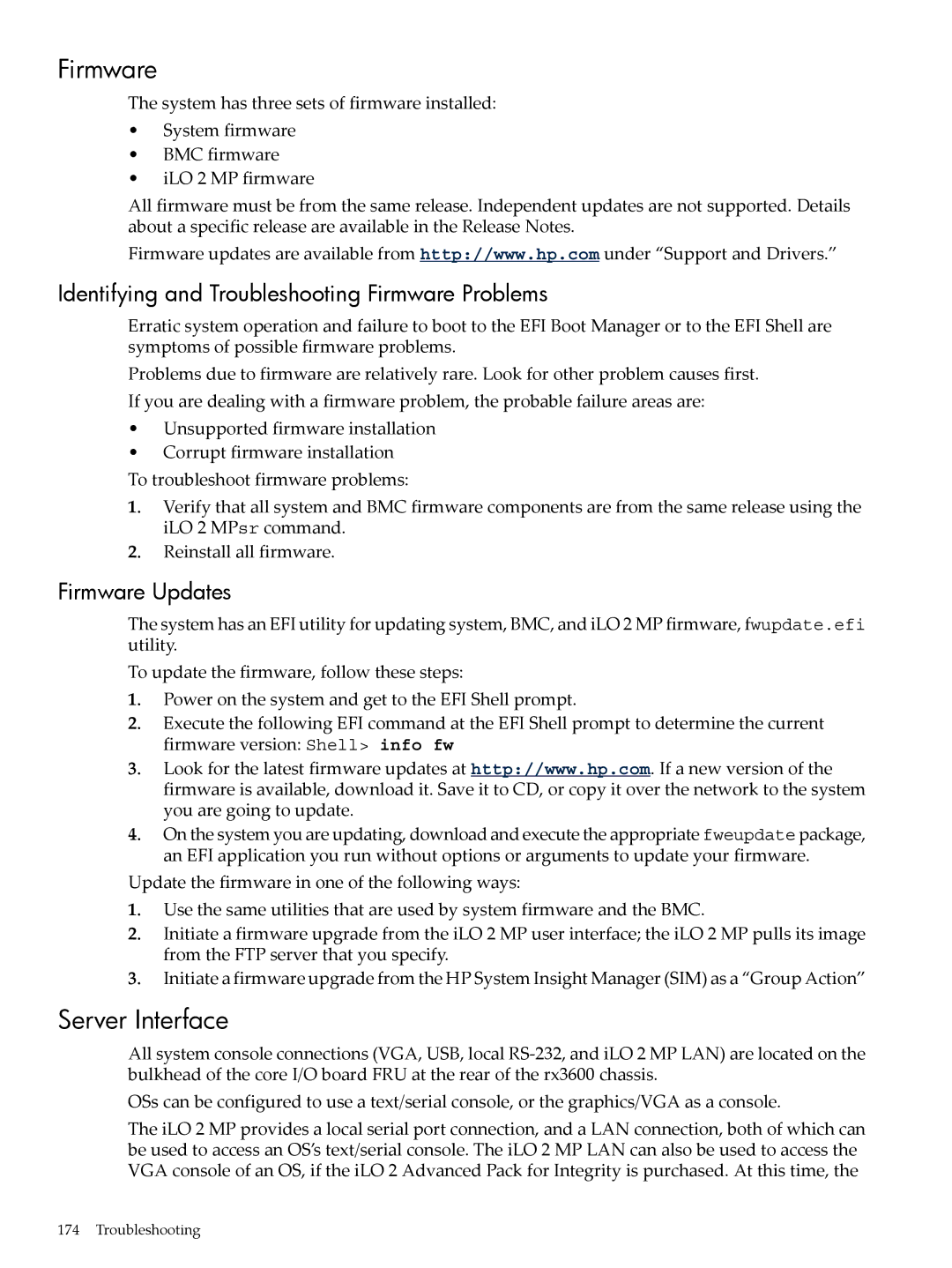 HP INTEGRITY RX3600 manual Server Interface, Identifying and Troubleshooting Firmware Problems, Firmware Updates 