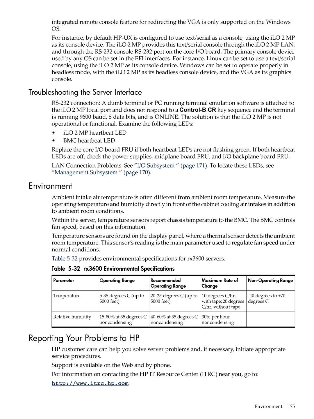 HP INTEGRITY RX3600 manual Environment, Reporting Your Problems to HP, Troubleshooting the Server Interface 