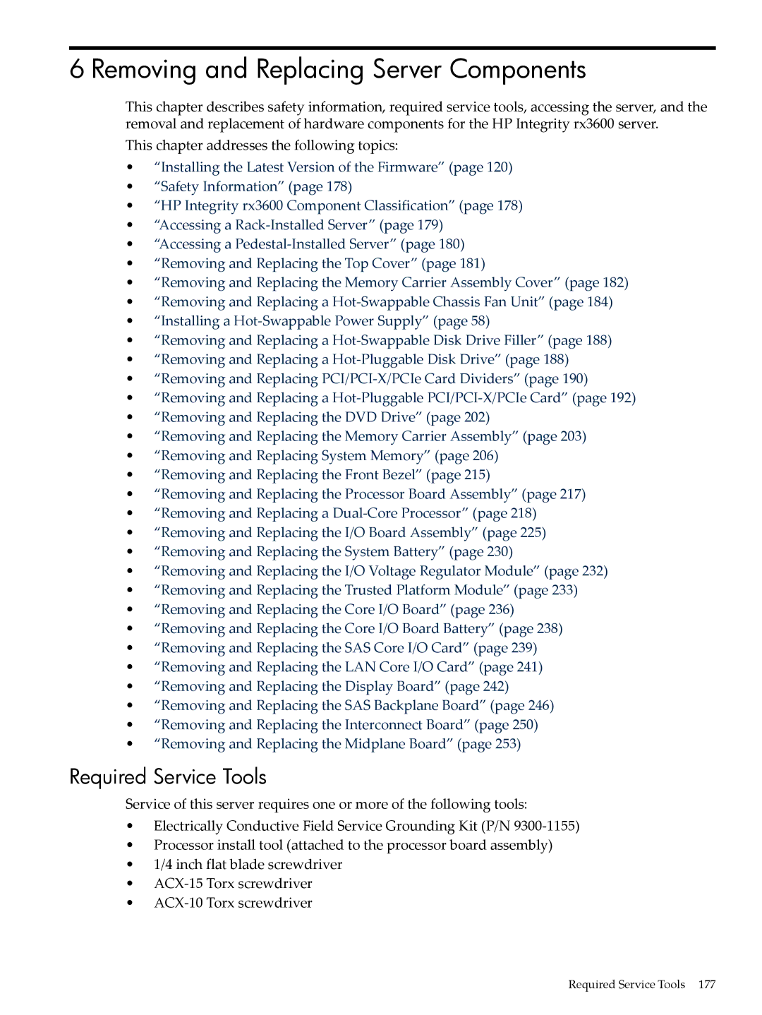 HP INTEGRITY RX3600 manual Removing and Replacing Server Components, Required Service Tools 