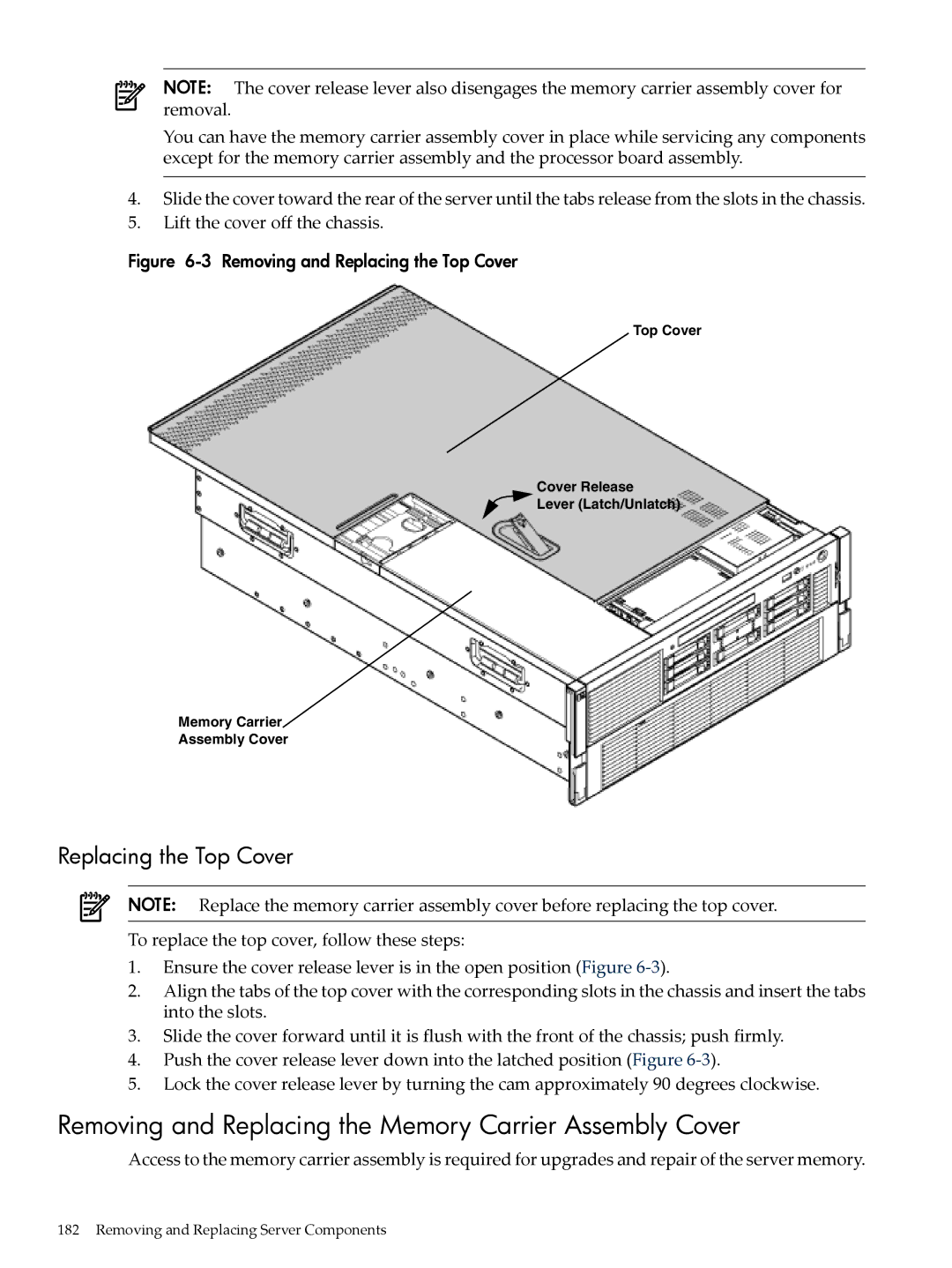 HP INTEGRITY RX3600 manual Removing and Replacing the Memory Carrier Assembly Cover, Replacing the Top Cover 