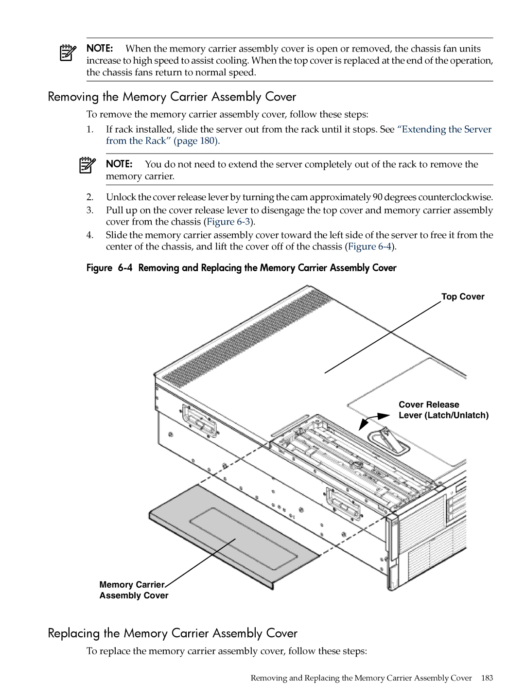 HP INTEGRITY RX3600 manual Removing the Memory Carrier Assembly Cover, Replacing the Memory Carrier Assembly Cover 