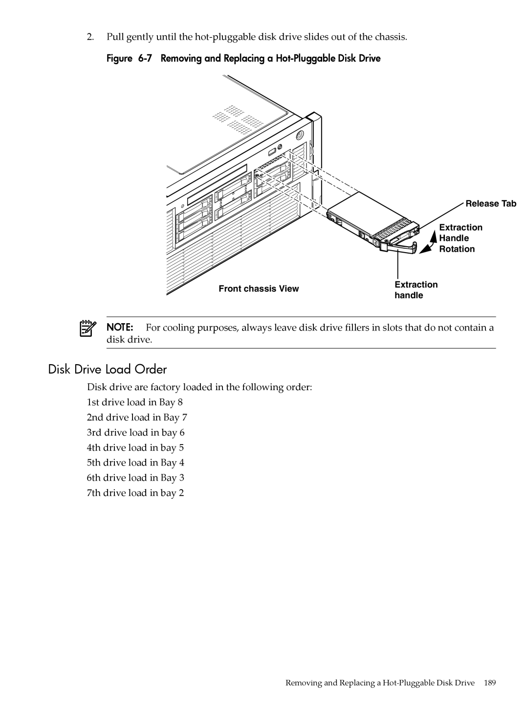 HP INTEGRITY RX3600 manual Disk Drive Load Order, Removing and Replacing a Hot-Pluggable Disk Drive 