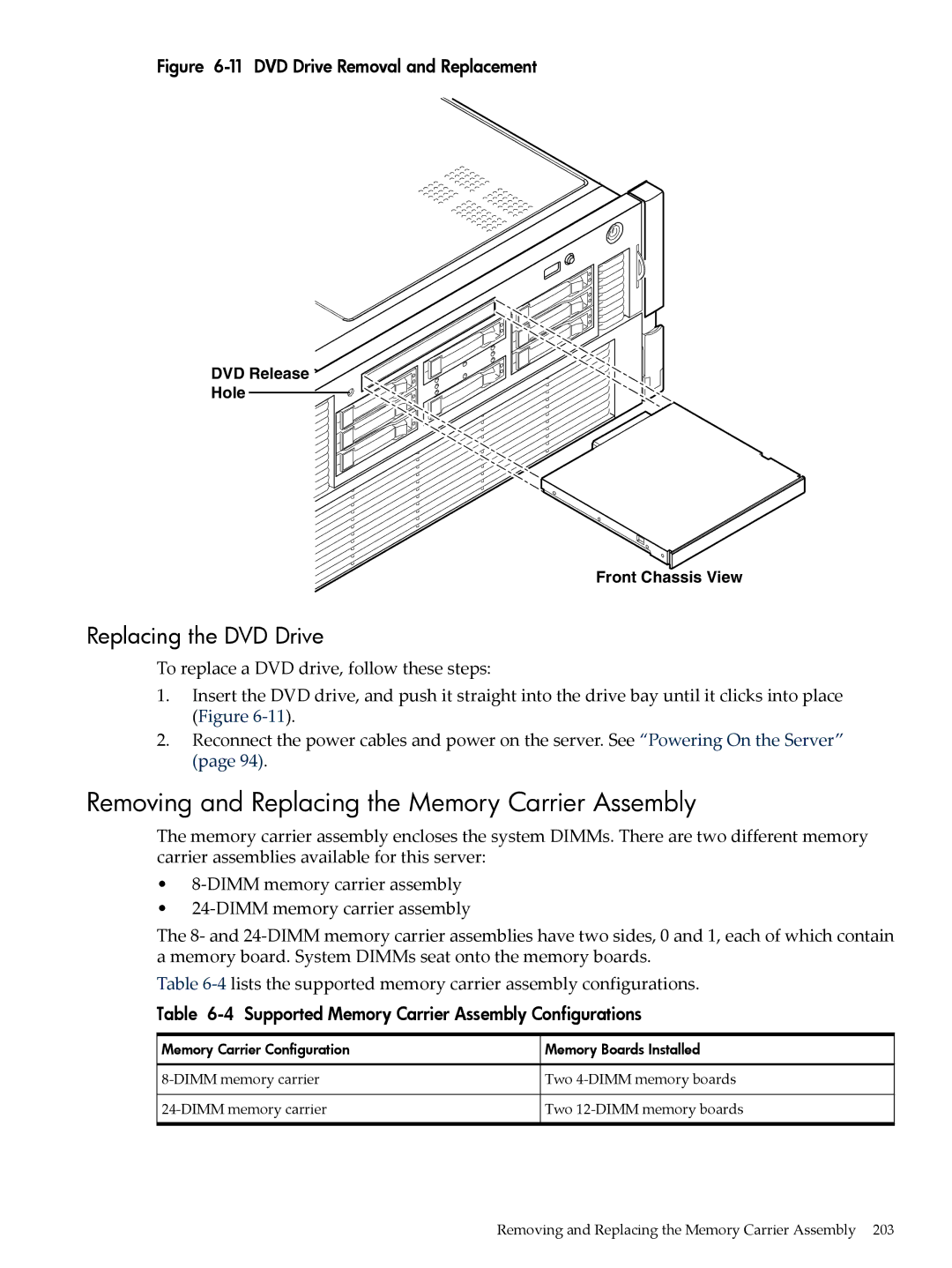 HP INTEGRITY RX3600 manual Removing and Replacing the Memory Carrier Assembly, Replacing the DVD Drive 