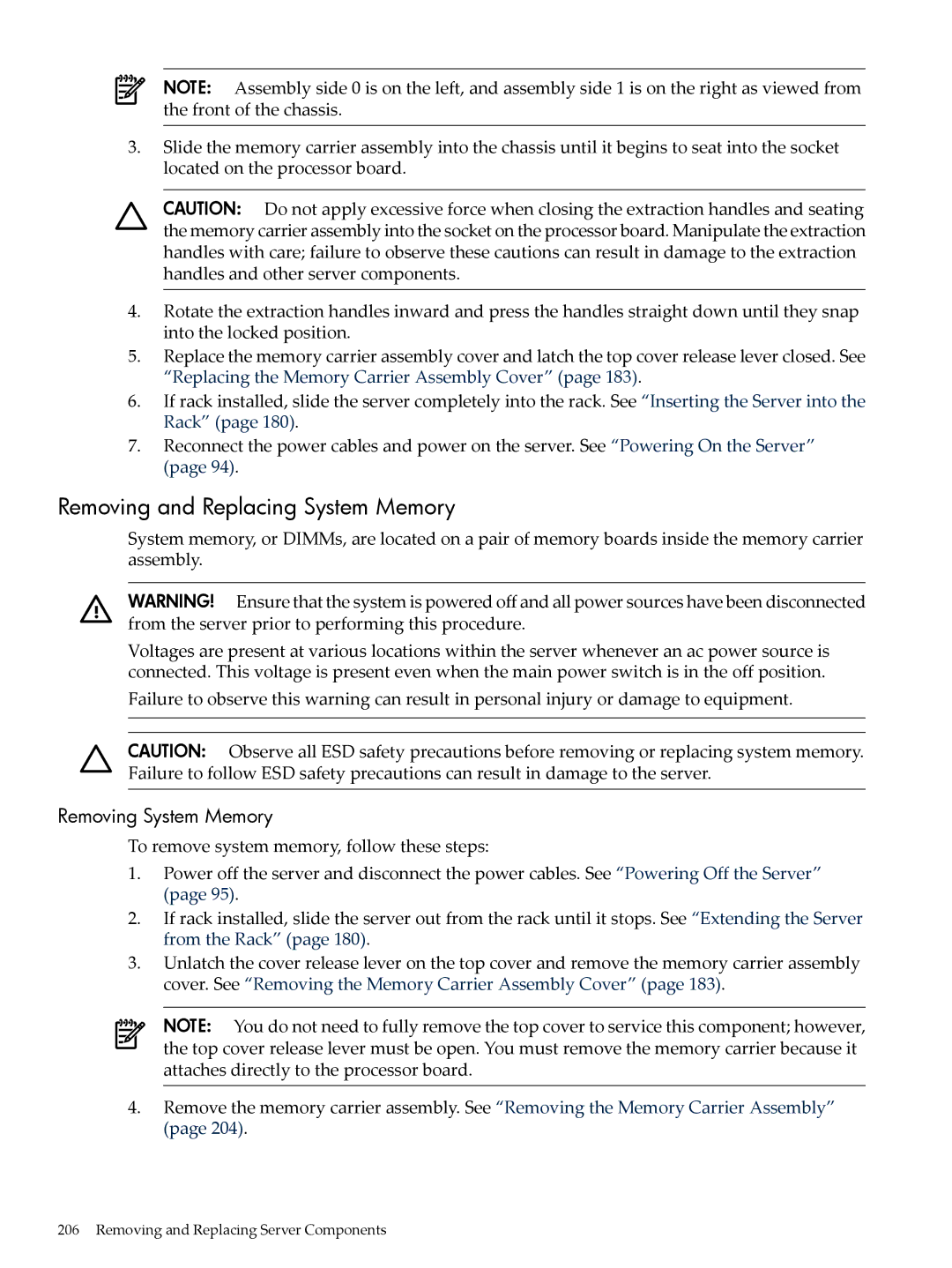 HP INTEGRITY RX3600 manual Removing and Replacing System Memory, Removing System Memory 