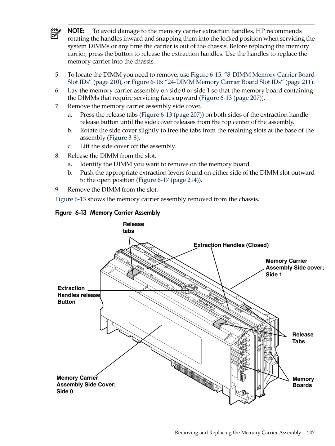 HP INTEGRITY RX3600 manual 13shows the memory carrier assembly removed from the chassis 