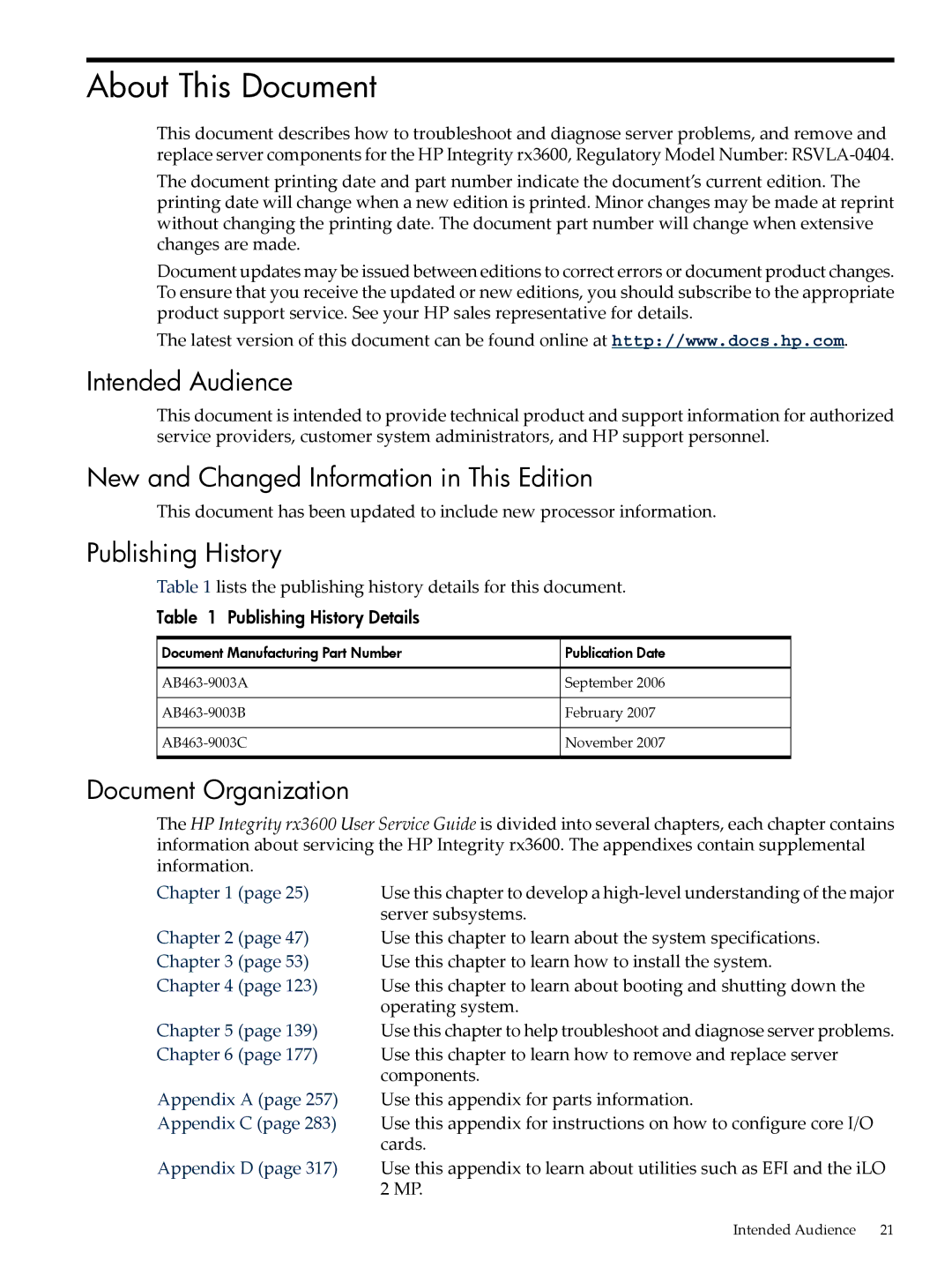 HP INTEGRITY RX3600 manual Intended Audience, New and Changed Information in This Edition, Publishing History 