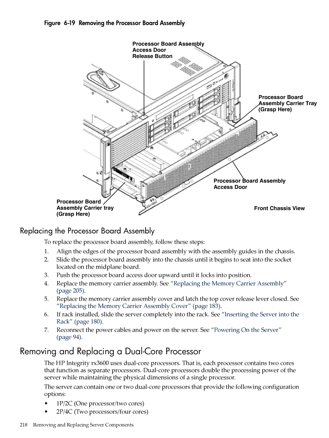 HP INTEGRITY RX3600 manual Removing and Replacing a Dual-Core Processor, Replacing the Processor Board Assembly 