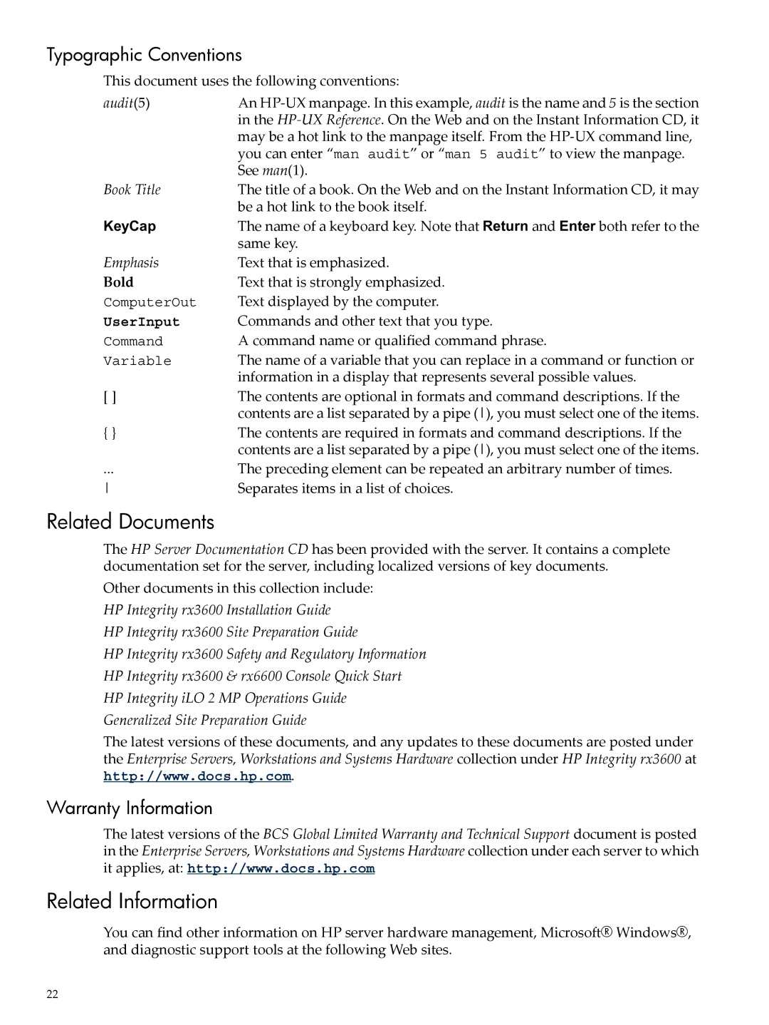 HP INTEGRITY RX3600 manual Related Documents, Related Information, Typographic Conventions, Warranty Information 
