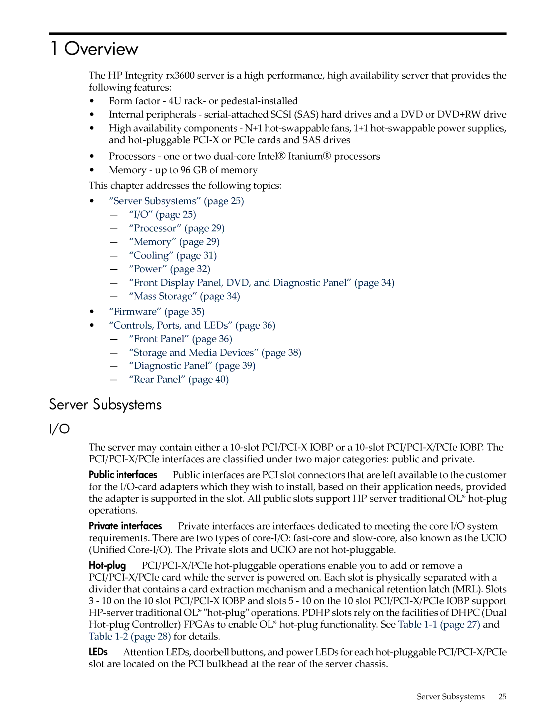 HP INTEGRITY RX3600 manual Overview, Server Subsystems 