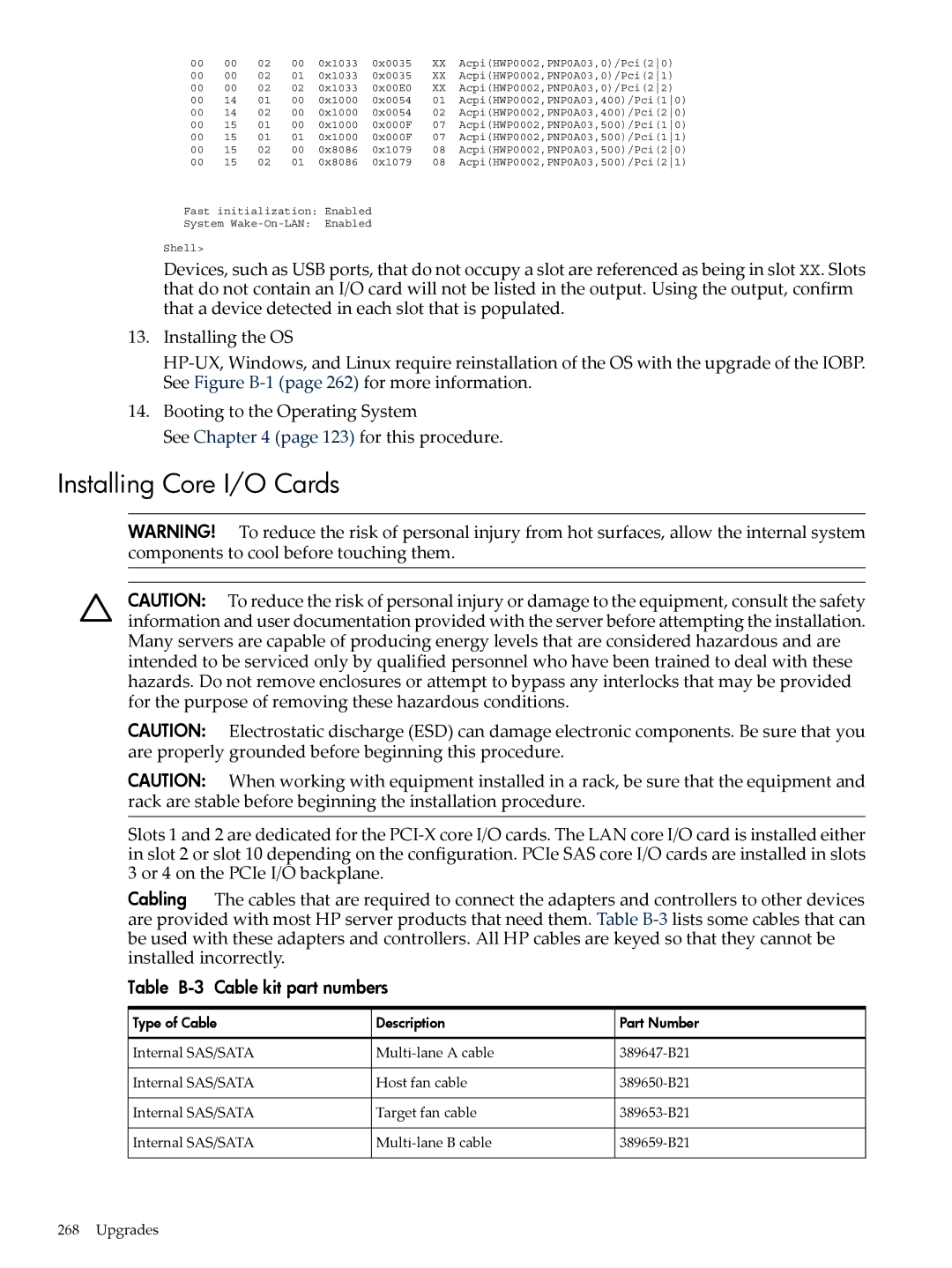 HP INTEGRITY RX3600 manual Installing Core I/O Cards, Table B-3 Cable kit part numbers 