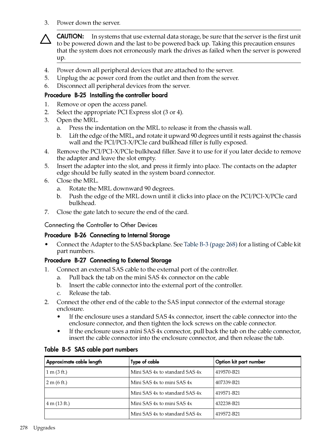 HP INTEGRITY RX3600 manual Procedure B-25 Installing the controller board, Procedure B-27 Connecting to External Storage 