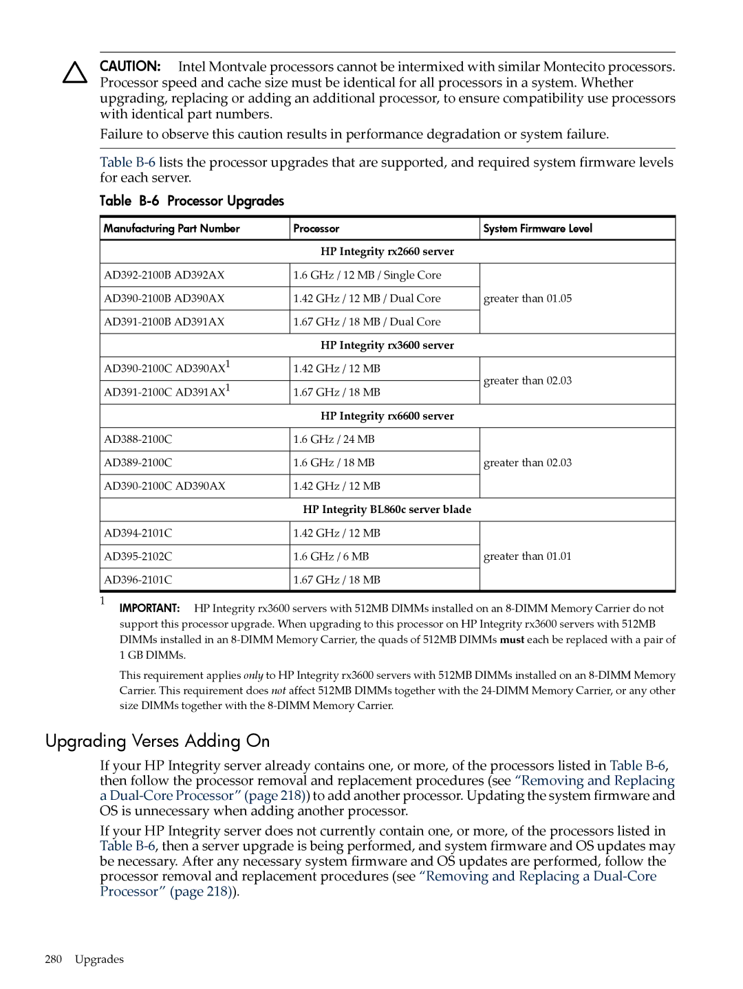 HP INTEGRITY RX3600 manual Upgrading Verses Adding On, Table B-6 Processor Upgrades 