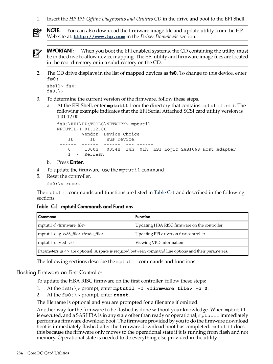 HP INTEGRITY RX3600 manual Flashing Firmware on First Controller, Table C-1 mptutil Commands and Functions 