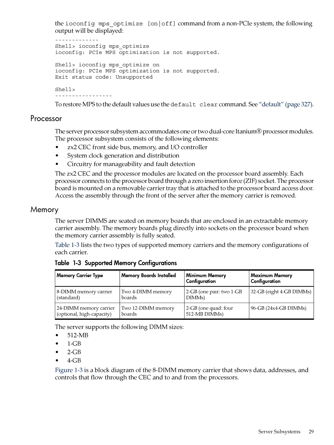 HP INTEGRITY RX3600 manual Processor, Supported Memory Configurations, Server supports the following Dimm sizes 512-MB 