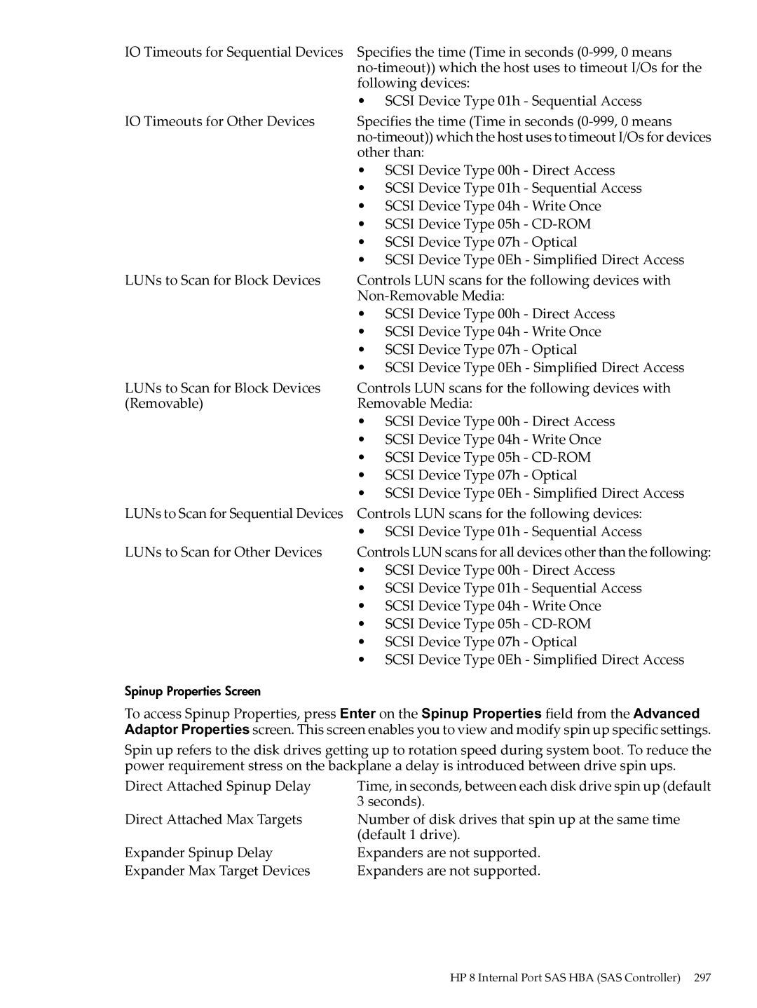 HP INTEGRITY RX3600 Other than, Controls LUN scans for the following devices, LUNs to Scan for Other Devices, Seconds 