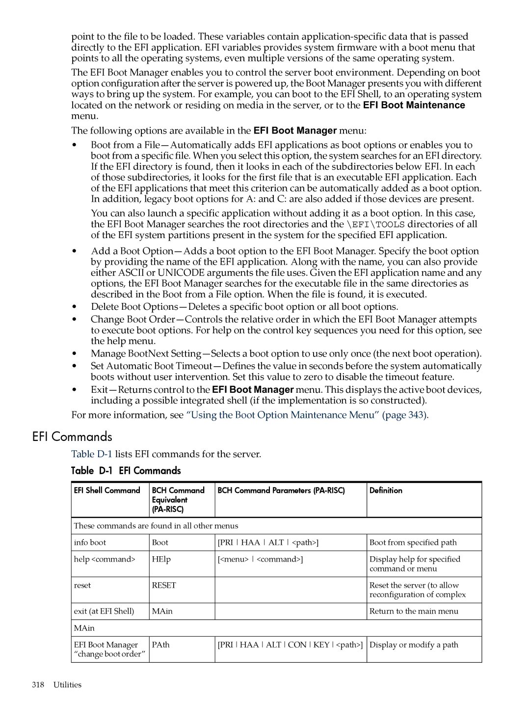 HP INTEGRITY RX3600 manual Table D-1lists EFI commands for the server, Table D-1 EFI Commands 