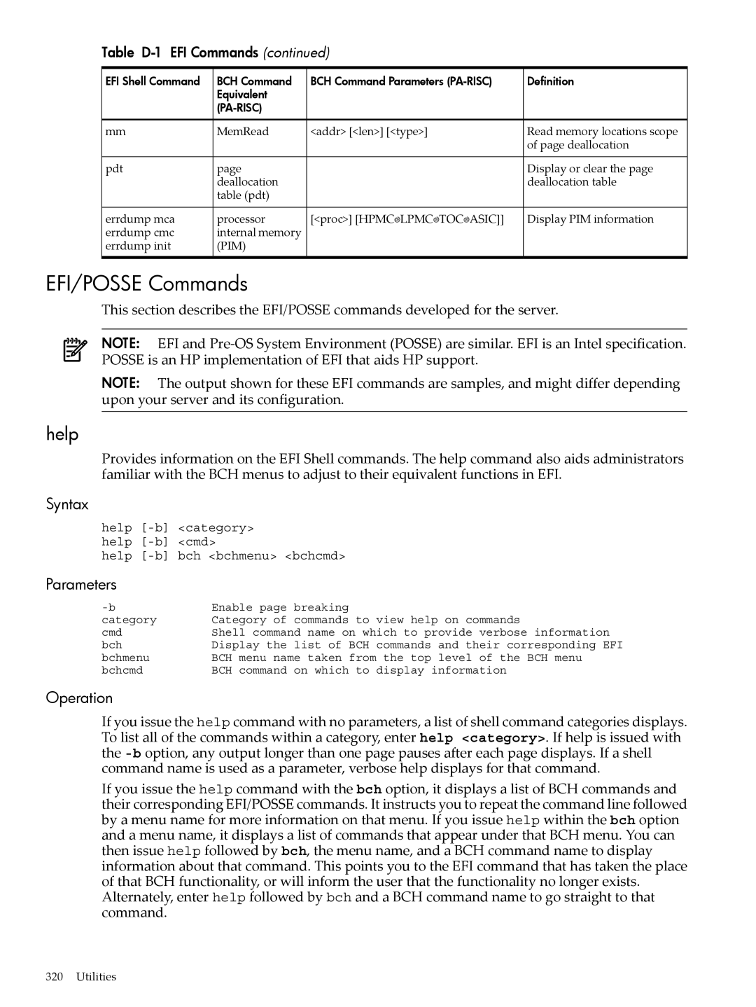 HP INTEGRITY RX3600 manual EFI/POSSE Commands, Help, Parameters, Operation 