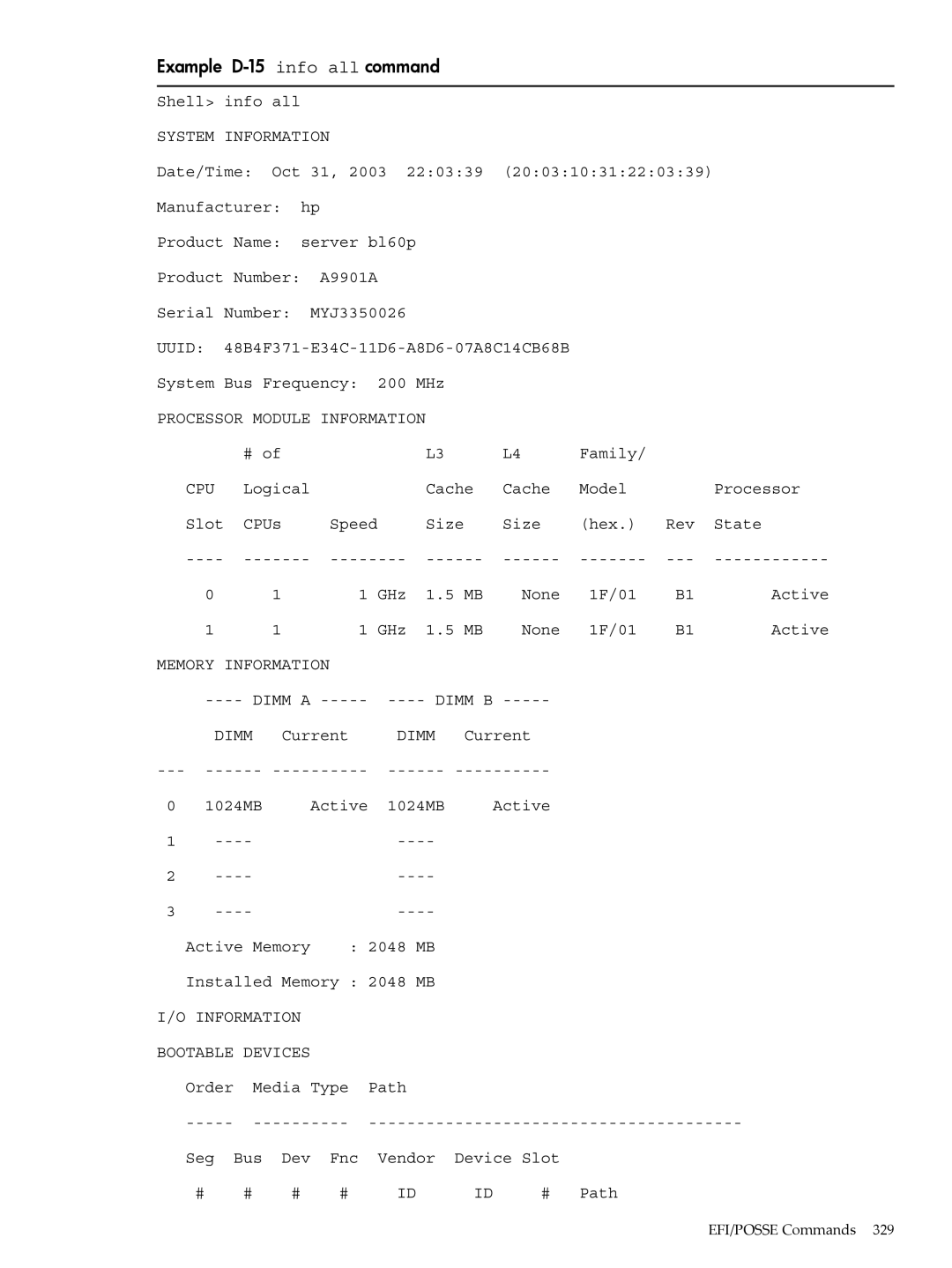 HP INTEGRITY RX3600 manual Example D-15 info all command, System Information 