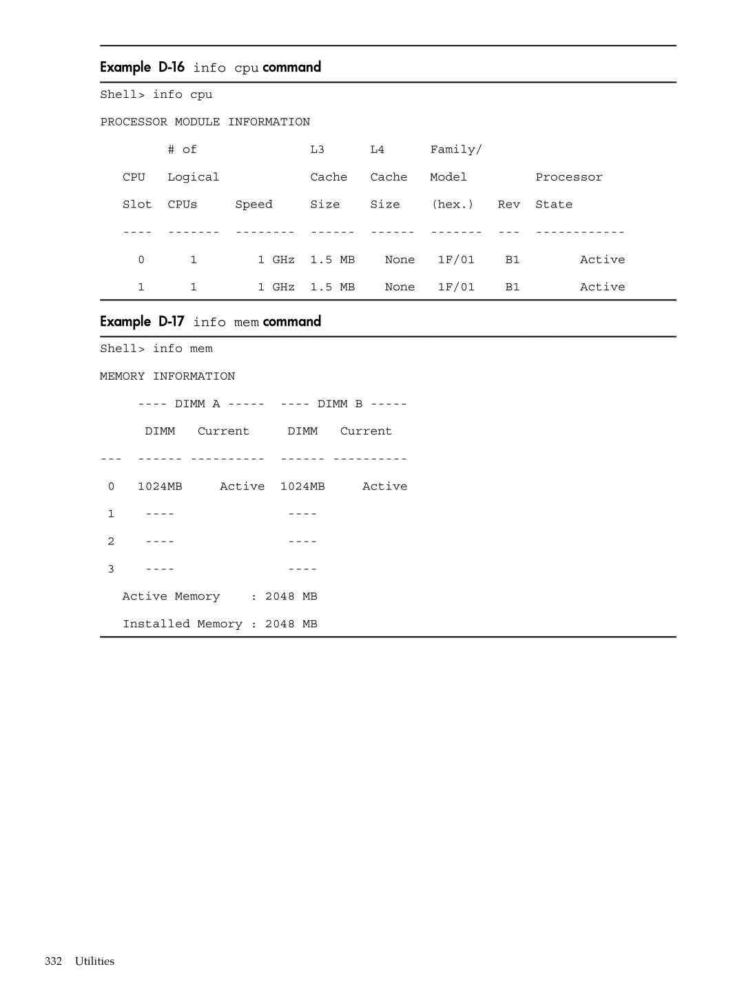 HP INTEGRITY RX3600 manual Example D-16 info cpu command, Example D-17 info mem command 