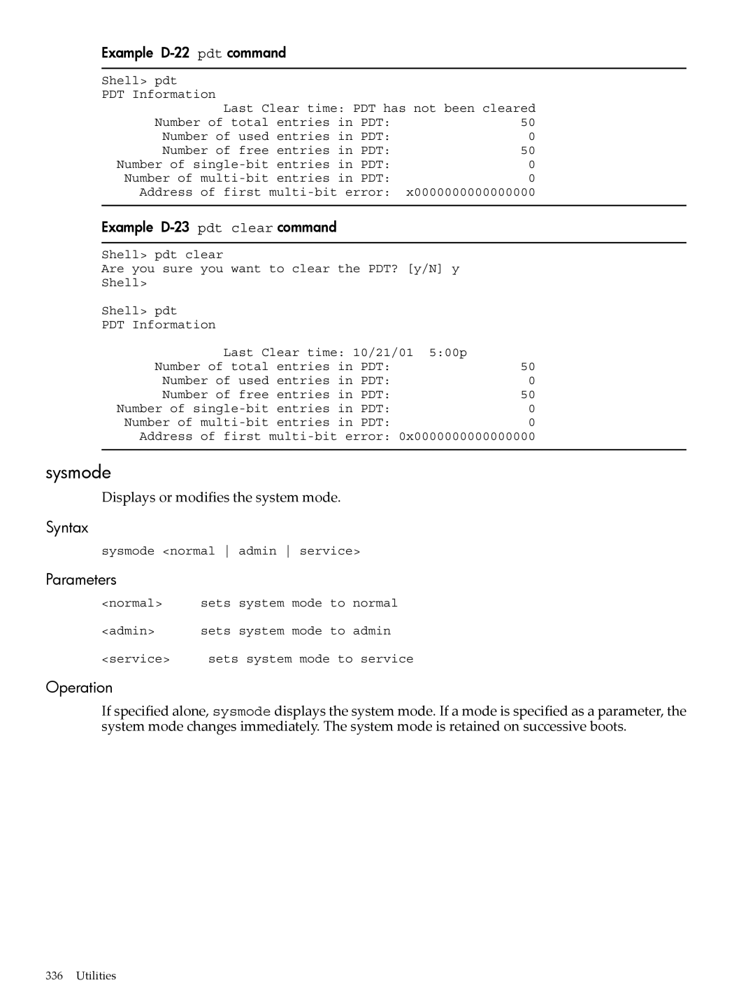 HP INTEGRITY RX3600 manual Sysmode, Example D-22 pdt command, Example D-23 pdt clear command 