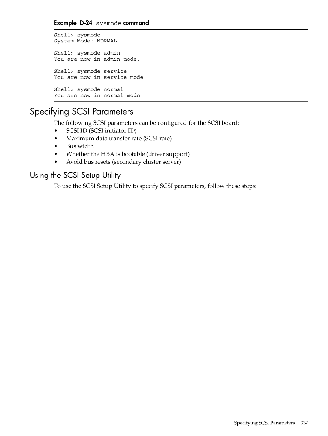 HP INTEGRITY RX3600 manual Specifying Scsi Parameters, Using the Scsi Setup Utility, Example D-24 sysmode command 