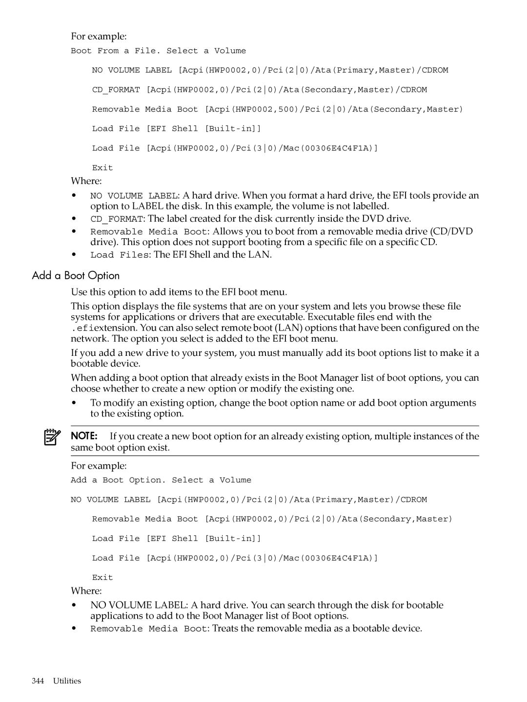 HP INTEGRITY RX3600 manual Add a Boot Option, Load Files The EFI Shell and the LAN 