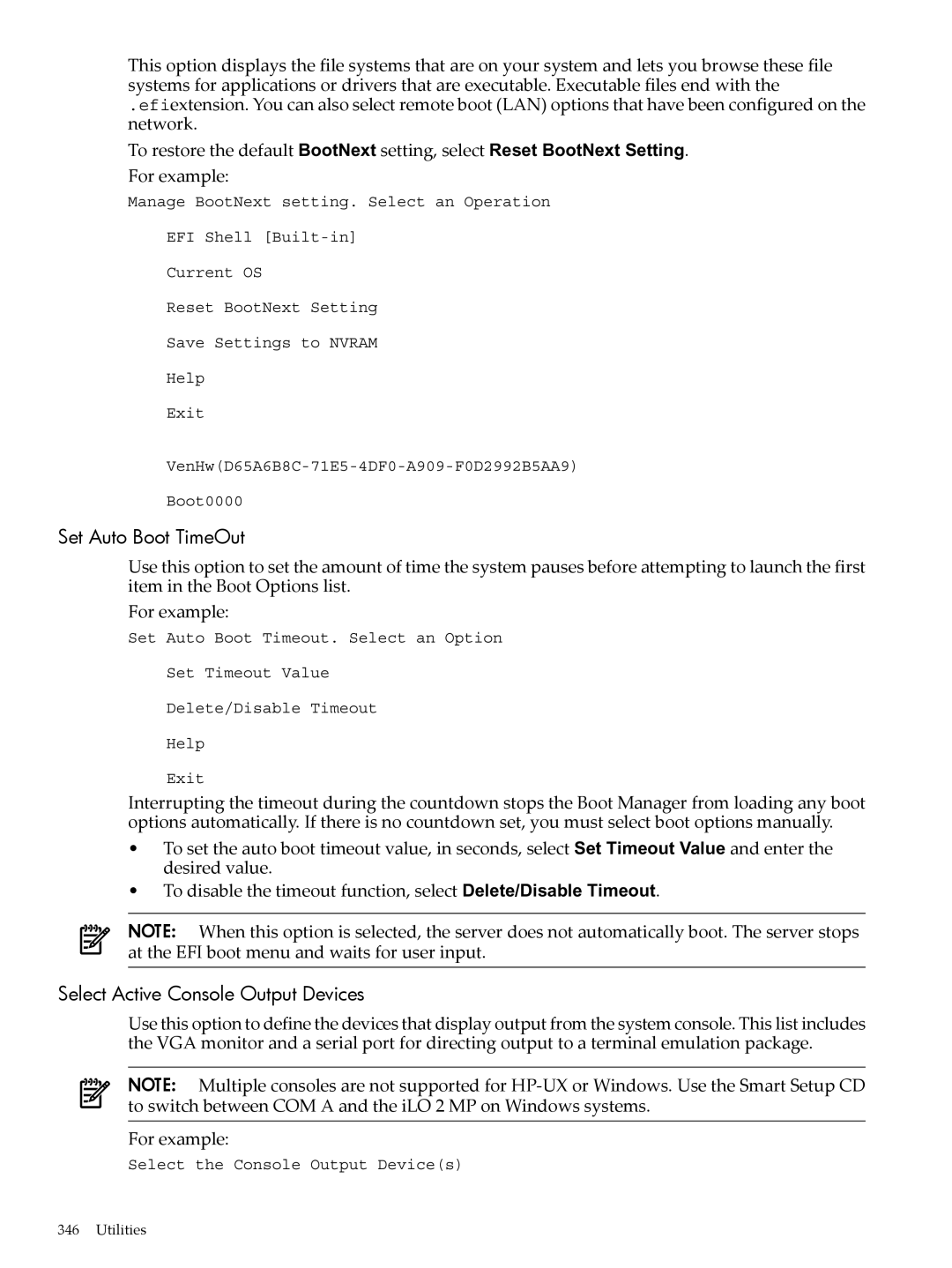 HP INTEGRITY RX3600 manual Set Auto Boot TimeOut, Select Active Console Output Devices 
