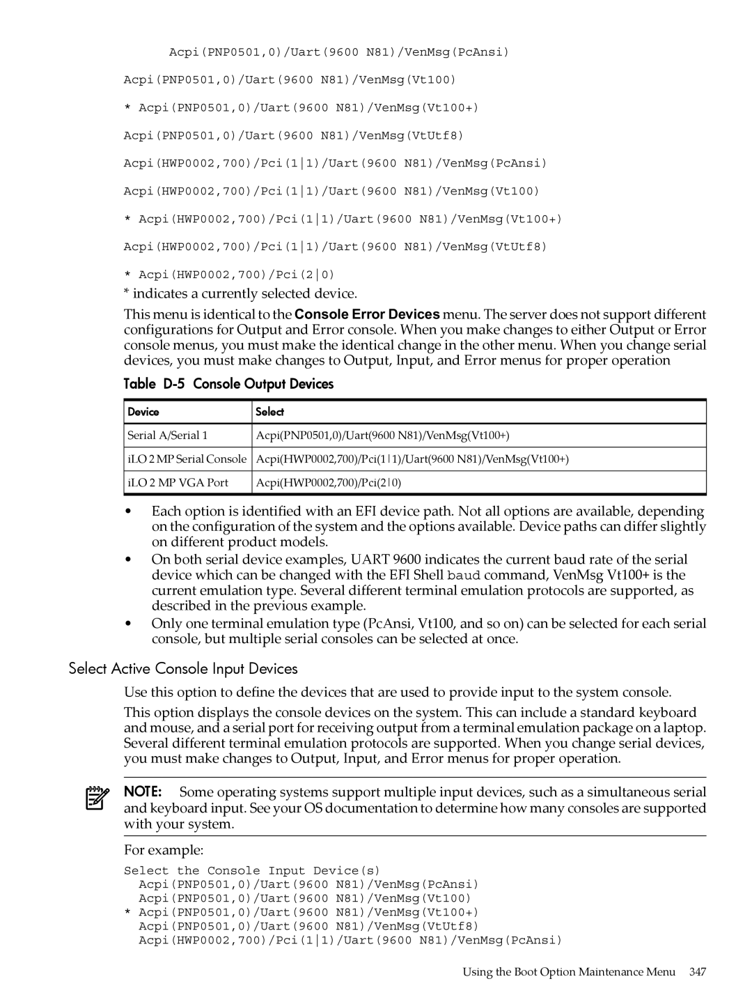 HP INTEGRITY RX3600 manual Select Active Console Input Devices, Indicates a currently selected device 