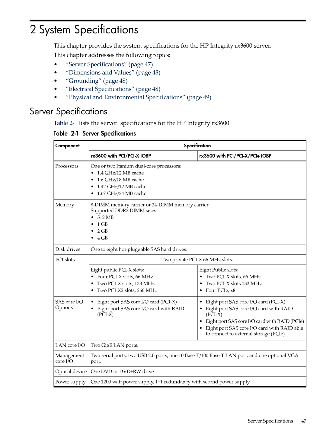 HP INTEGRITY RX3600 manual Server Specifications 