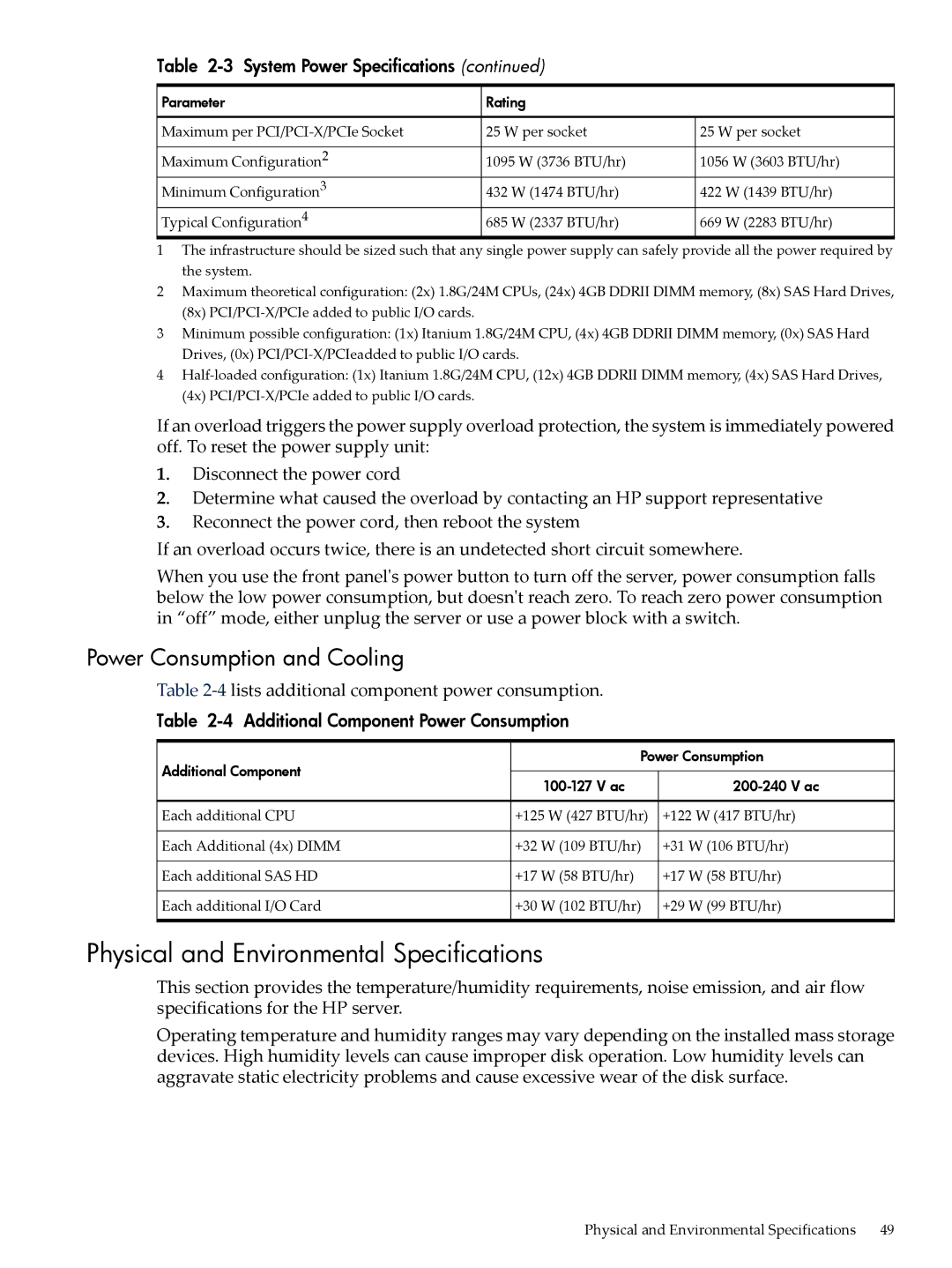 HP INTEGRITY RX3600 manual Physical and Environmental Specifications, Power Consumption and Cooling 