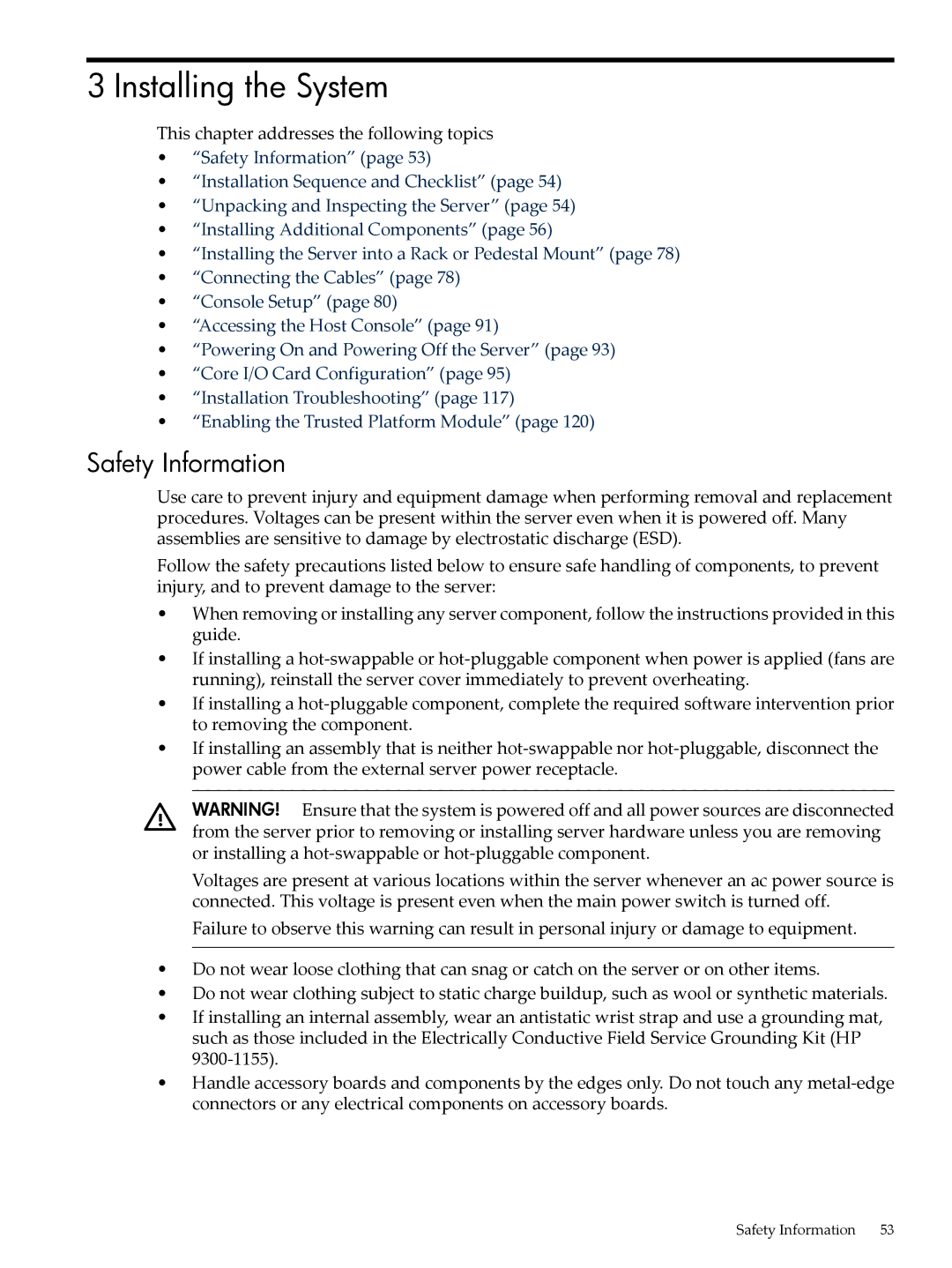 HP INTEGRITY RX3600 manual Installing the System, Safety Information 