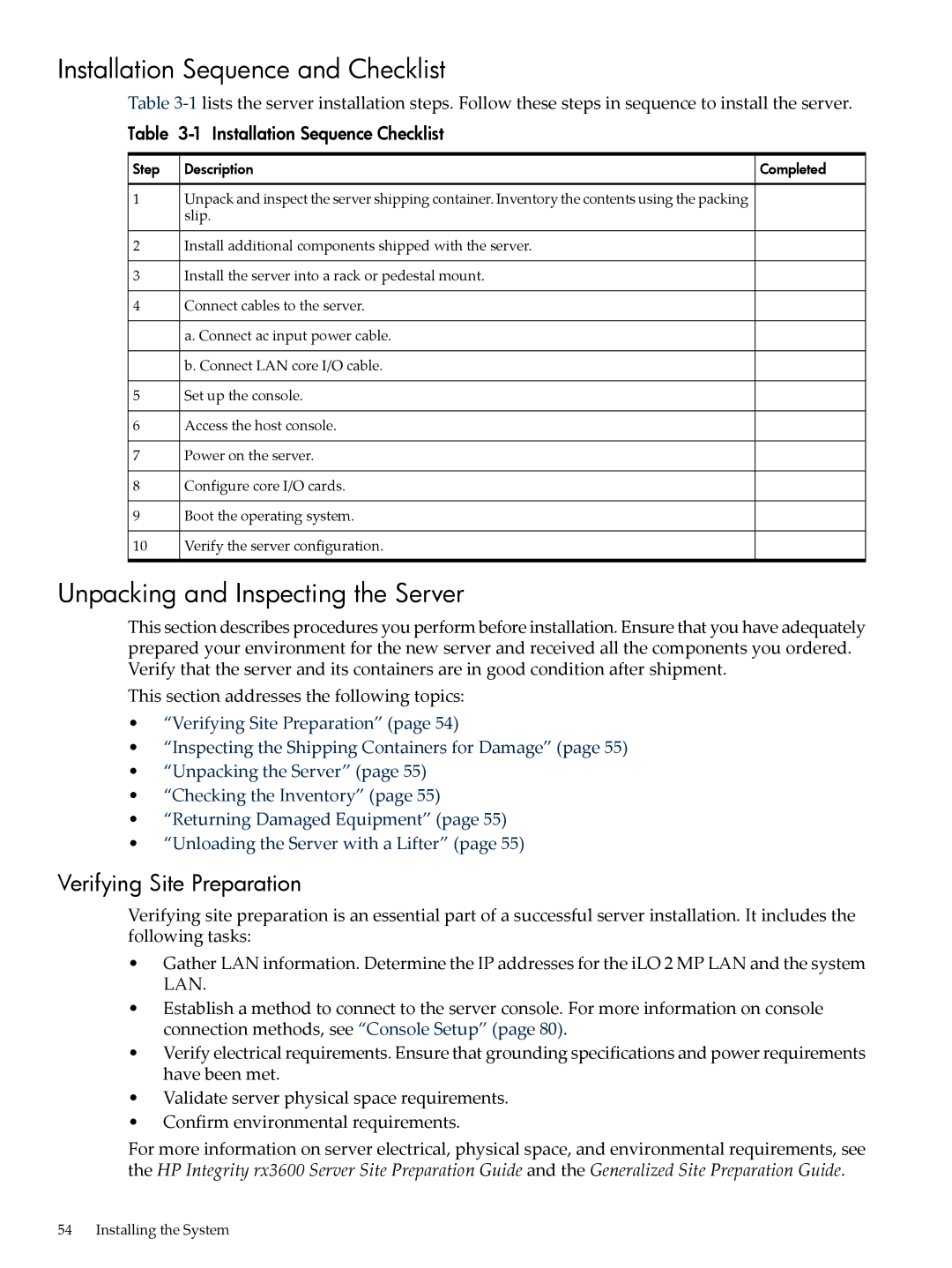 HP INTEGRITY RX3600 Installation Sequence and Checklist, Unpacking and Inspecting the Server, Verifying Site Preparation 