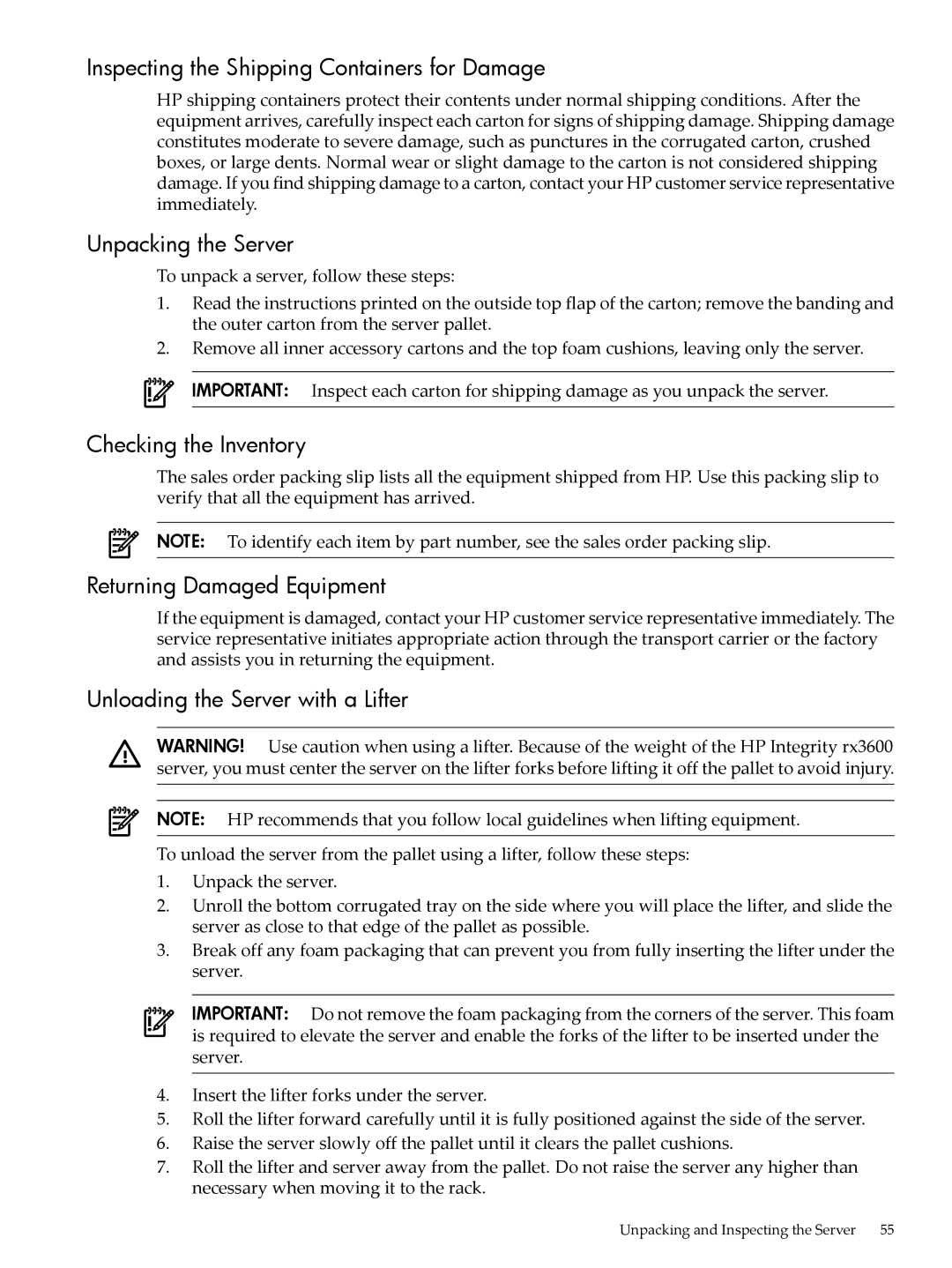 HP INTEGRITY RX3600 manual Inspecting the Shipping Containers for Damage, Unpacking the Server, Checking the Inventory 
