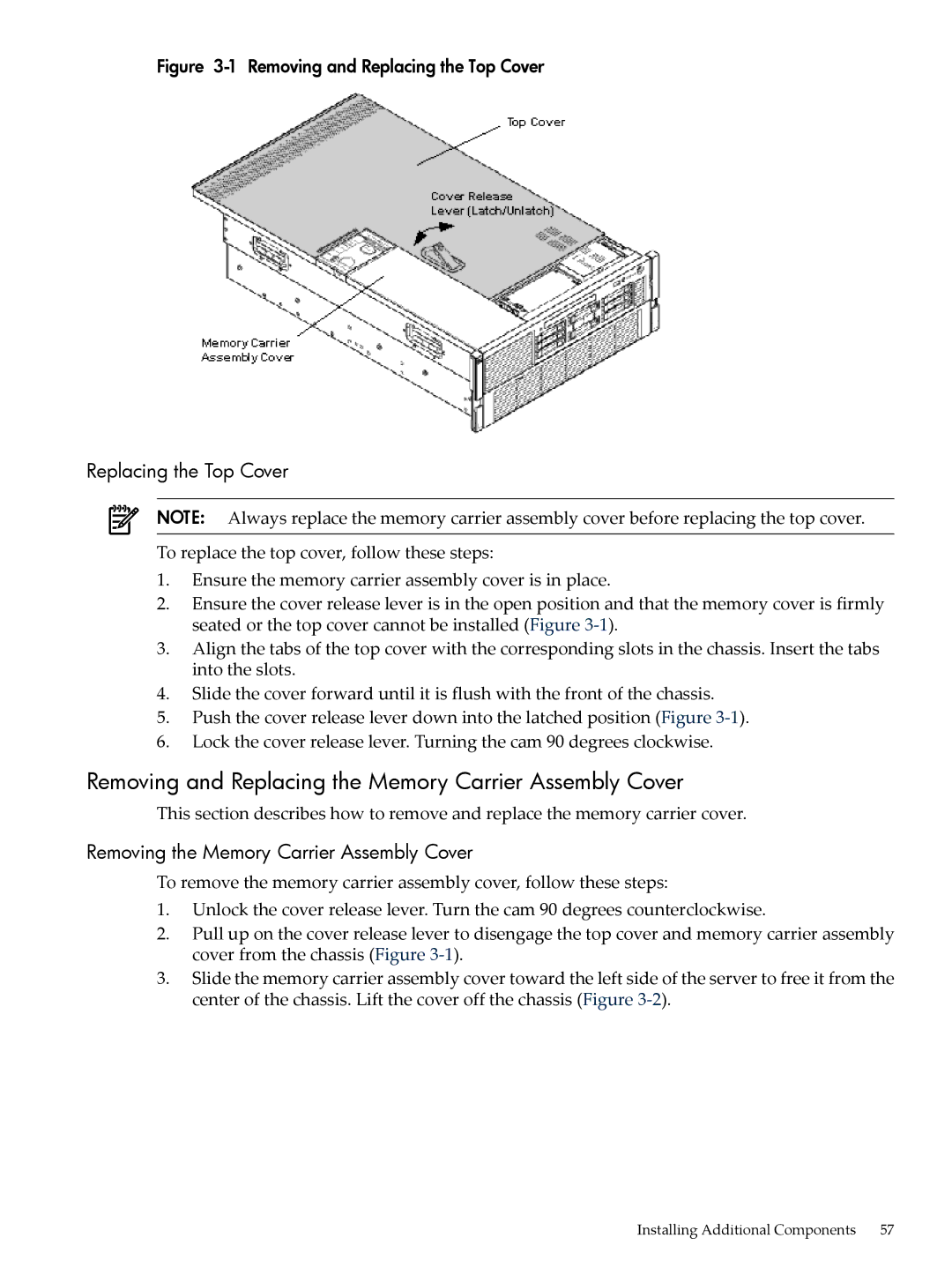 HP INTEGRITY RX3600 manual Removing and Replacing the Memory Carrier Assembly Cover, Replacing the Top Cover 