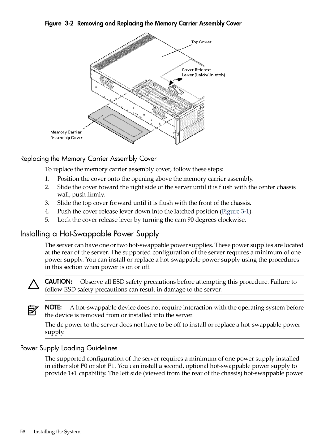 HP INTEGRITY RX3600 manual Installing a Hot-Swappable Power Supply, Replacing the Memory Carrier Assembly Cover 