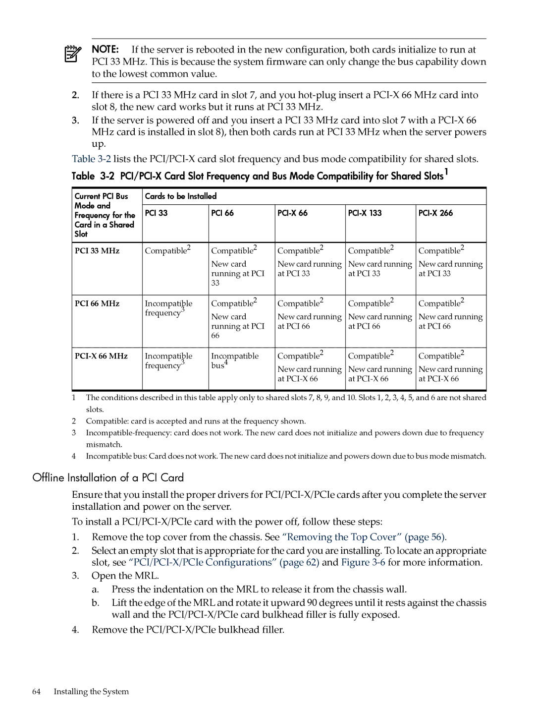 HP INTEGRITY RX3600 manual Offline Installation of a PCI Card, PCI 66 MHz 