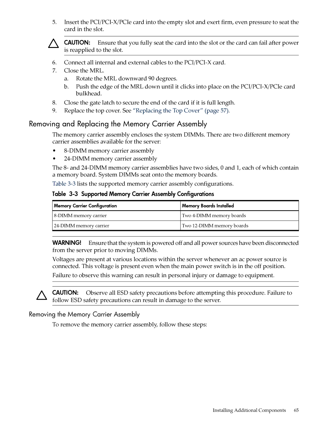 HP INTEGRITY RX3600 manual Removing and Replacing the Memory Carrier Assembly, Removing the Memory Carrier Assembly 