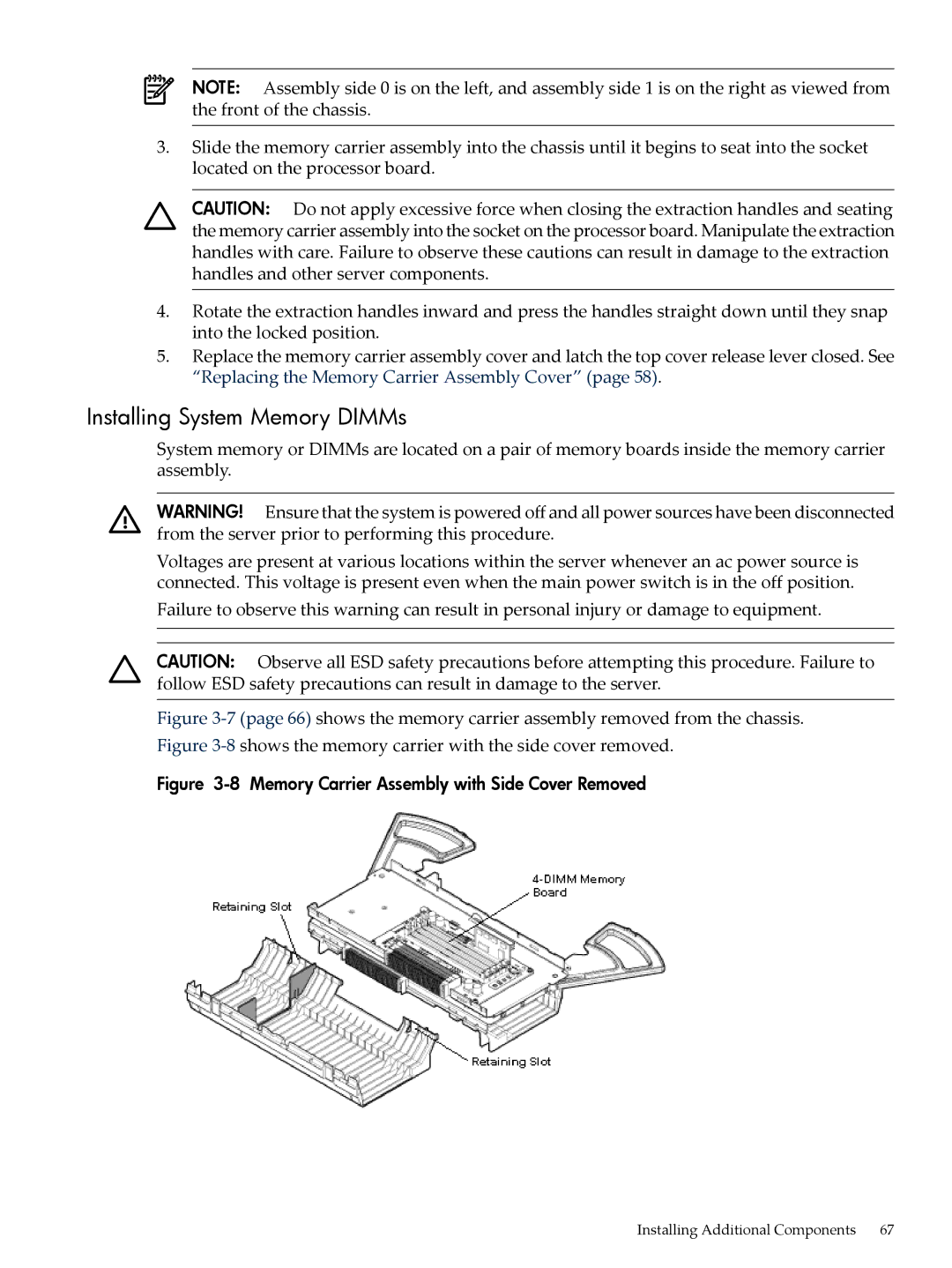 HP INTEGRITY RX3600 manual Installing System Memory DIMMs, Memory Carrier Assembly with Side Cover Removed 