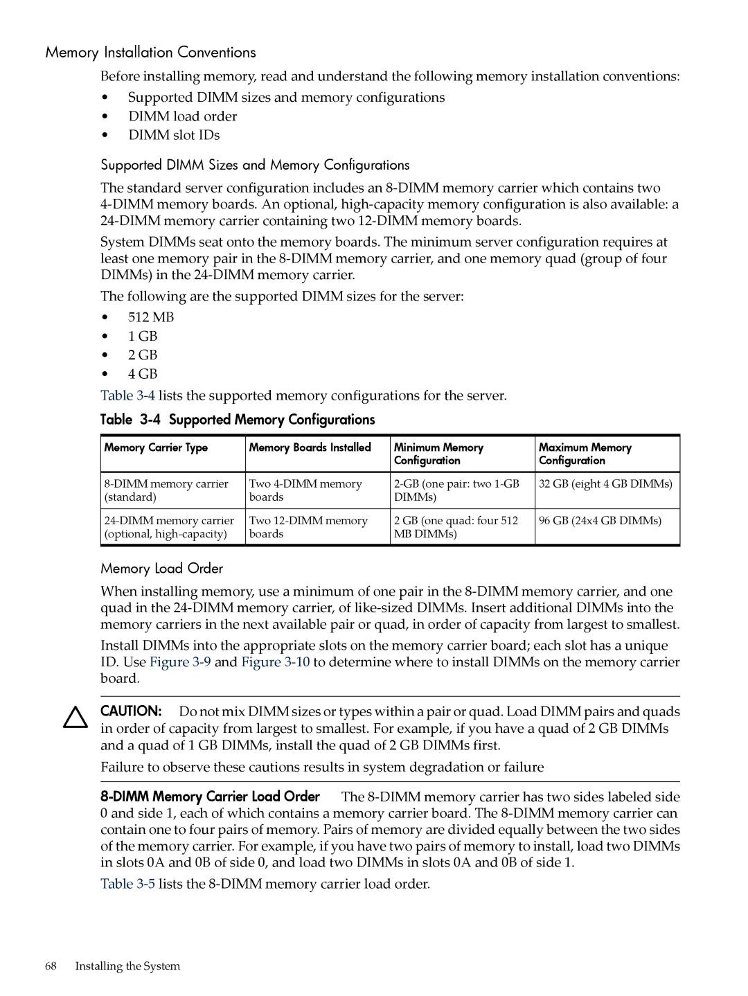 HP INTEGRITY RX3600 Memory Installation Conventions, Supported Dimm Sizes and Memory Configurations, Memory Load Order 