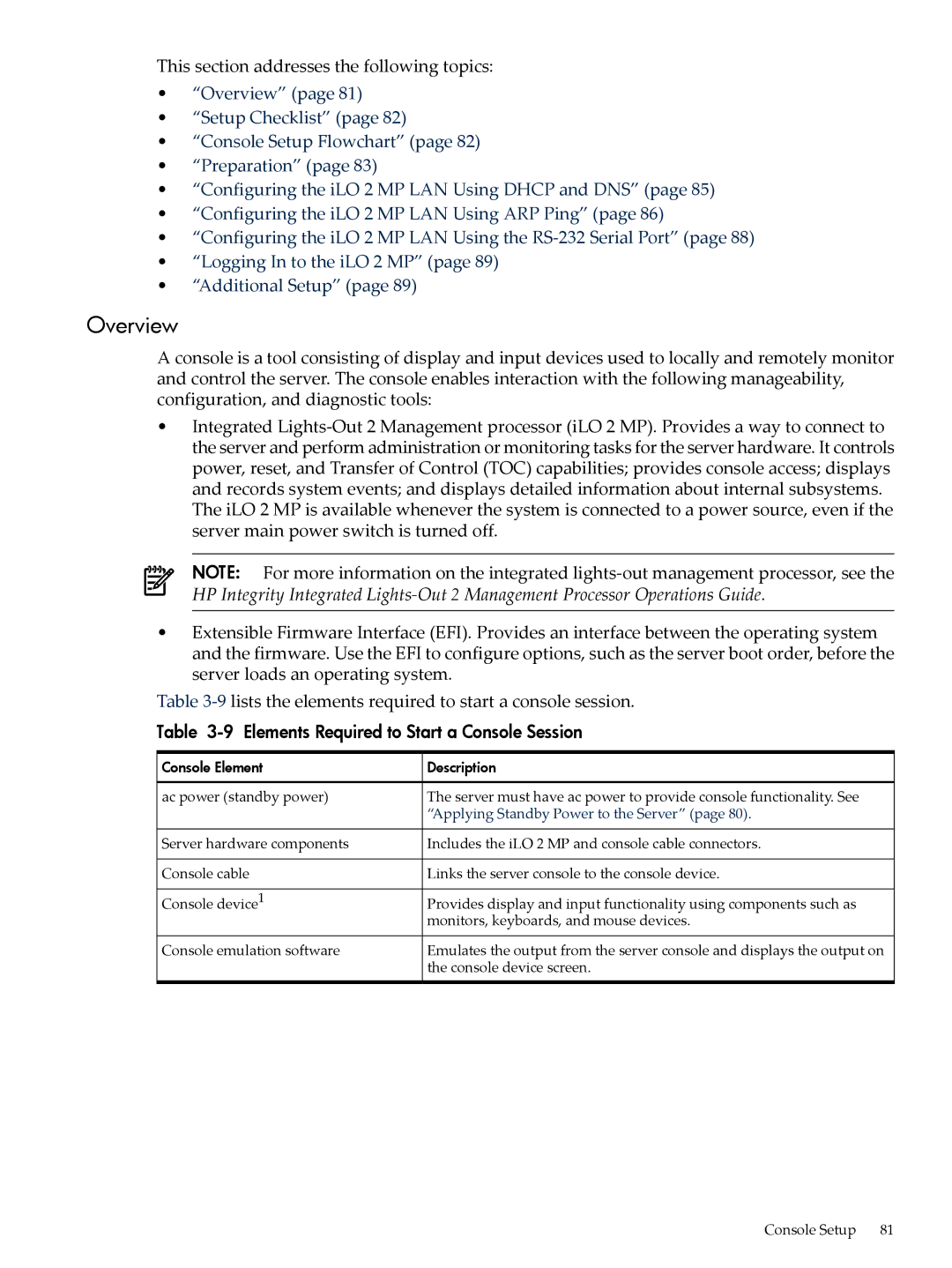 HP INTEGRITY RX3600 manual Overview, Elements Required to Start a Console Session 