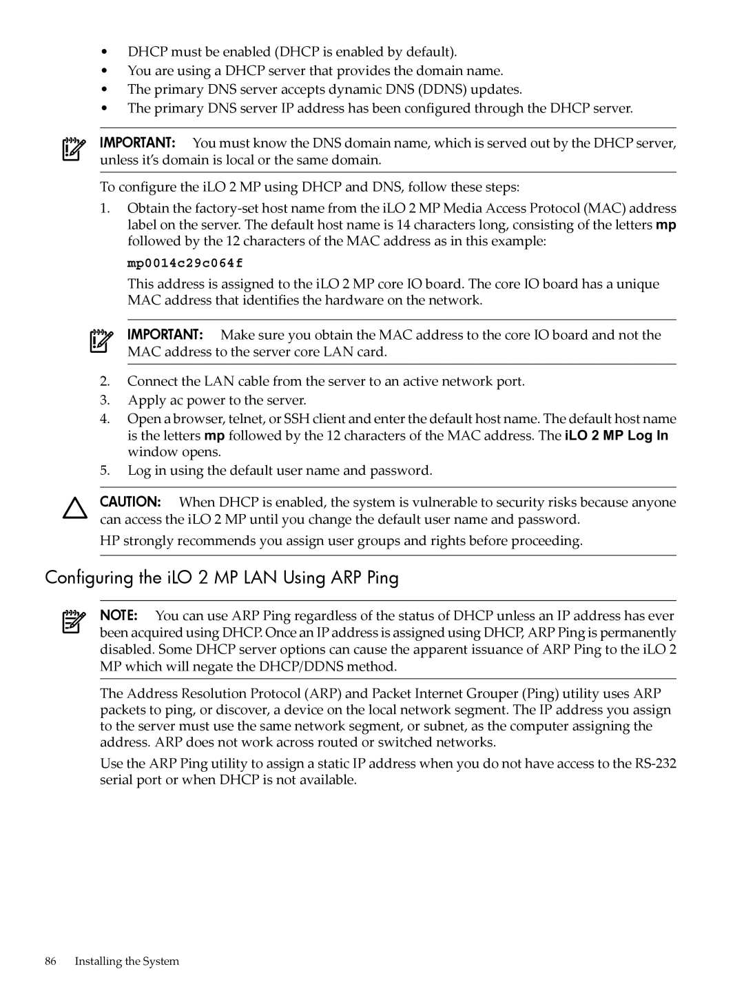 HP INTEGRITY RX3600 manual Configuring the iLO 2 MP LAN Using ARP Ping, Mp0014c29c064f 